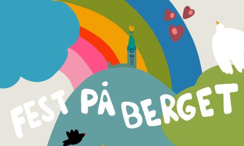 Illustration av Masthuggskyrkan och en regnbåge.
