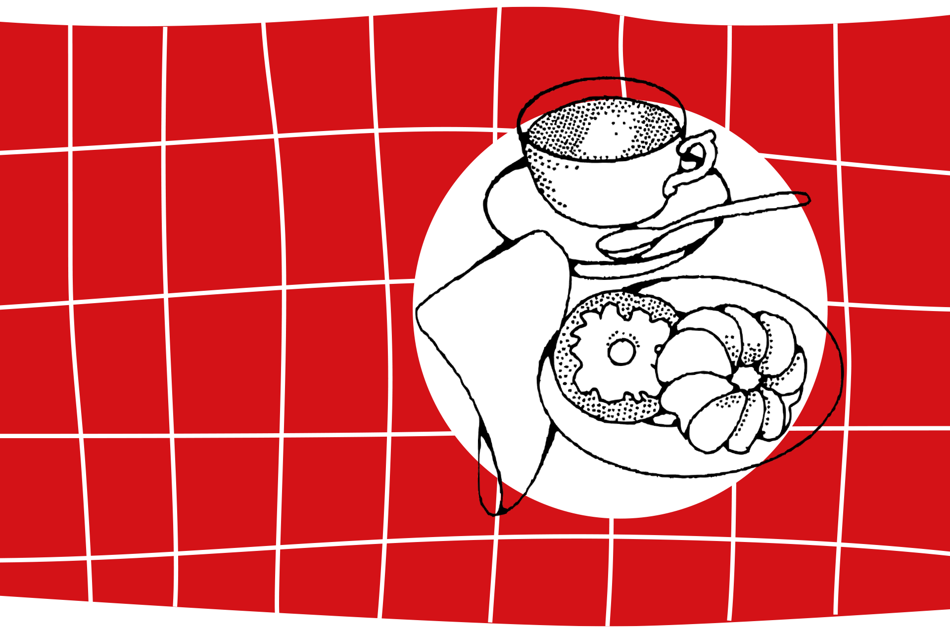Illustration av en fikatallrik med kaffe och kakor som står på en röd-vit-rutig duk.
