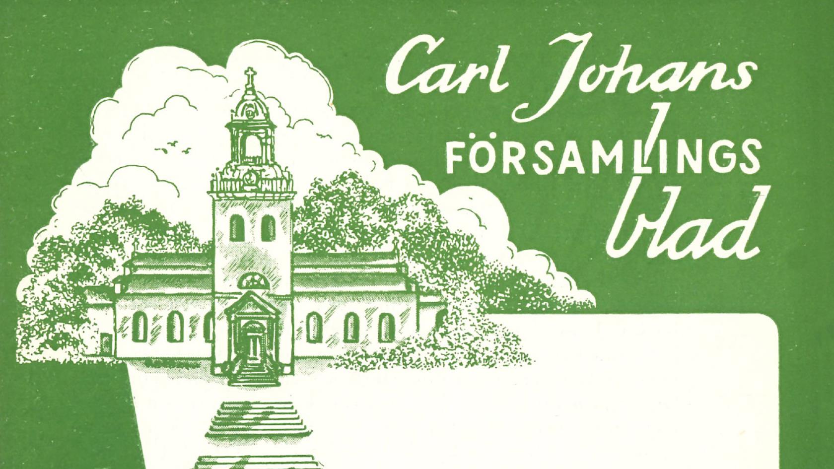 Församlingsbladets framsida med en illustration av Carl Johans kyrka.