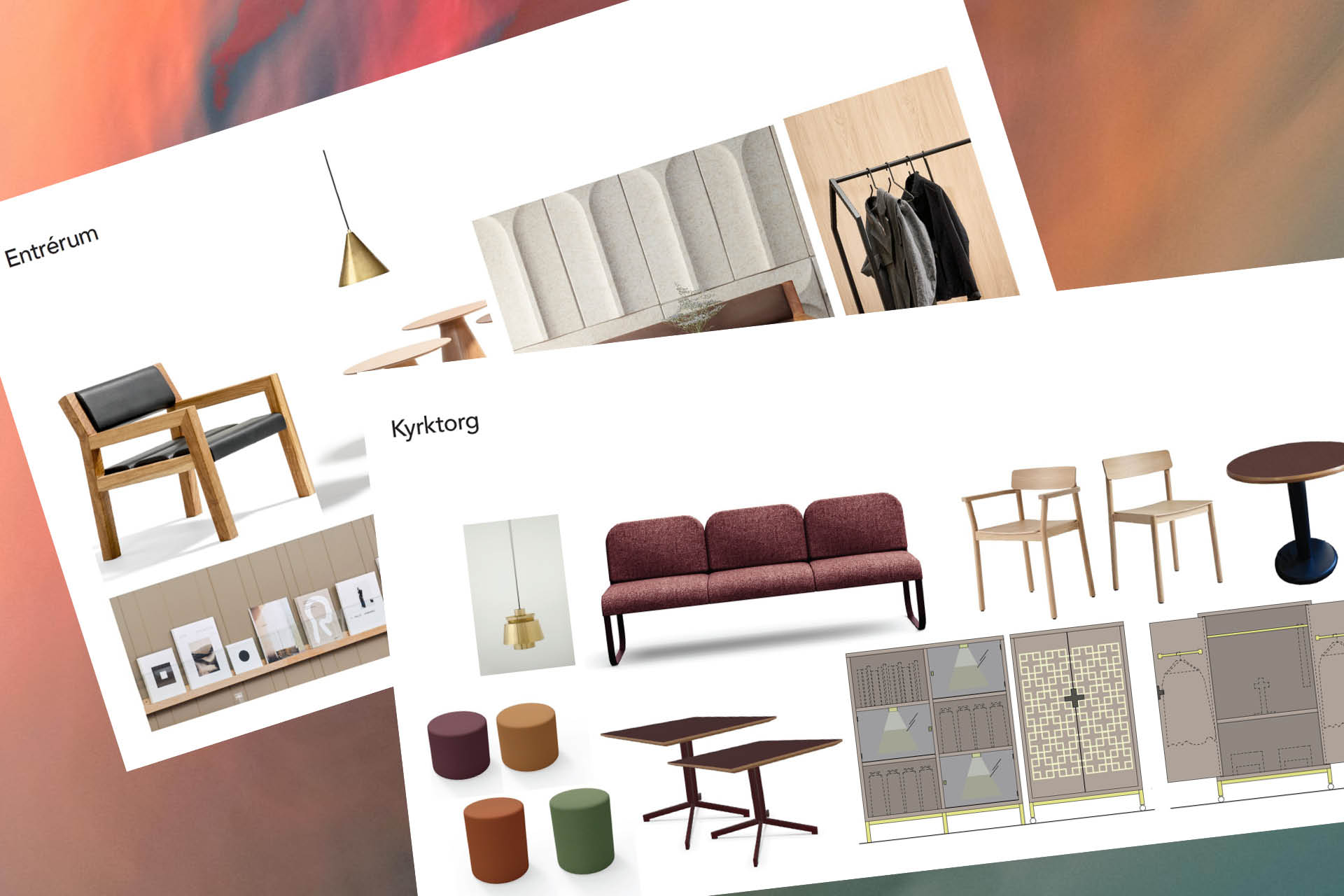 Bildmontag av moodboard för kyrktorg och entrerum