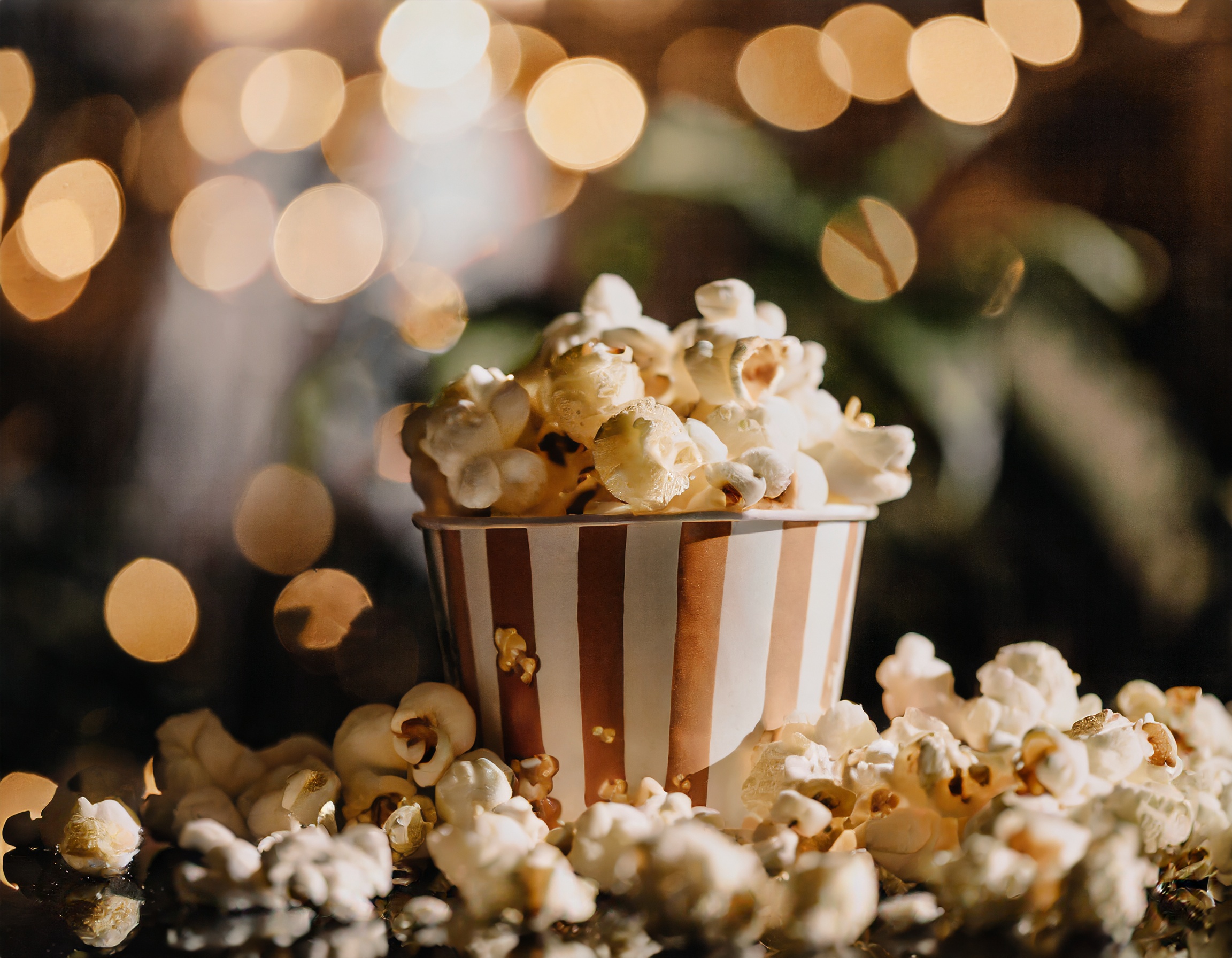 Överfylld popcorn-bägare på bord. Glittrar i bakgrunden