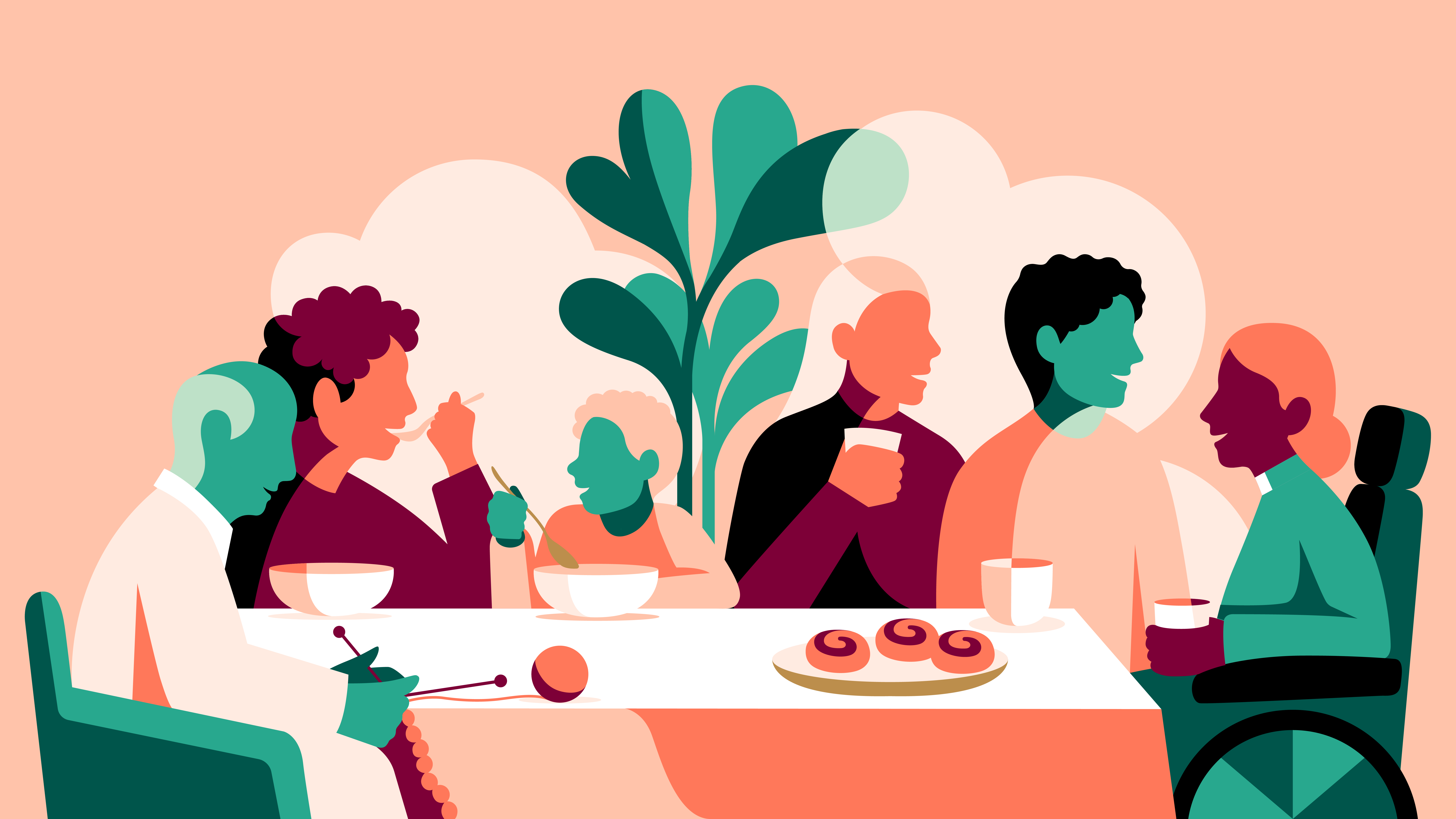 Illustration av sopplunch med sex personer varav en diakon.