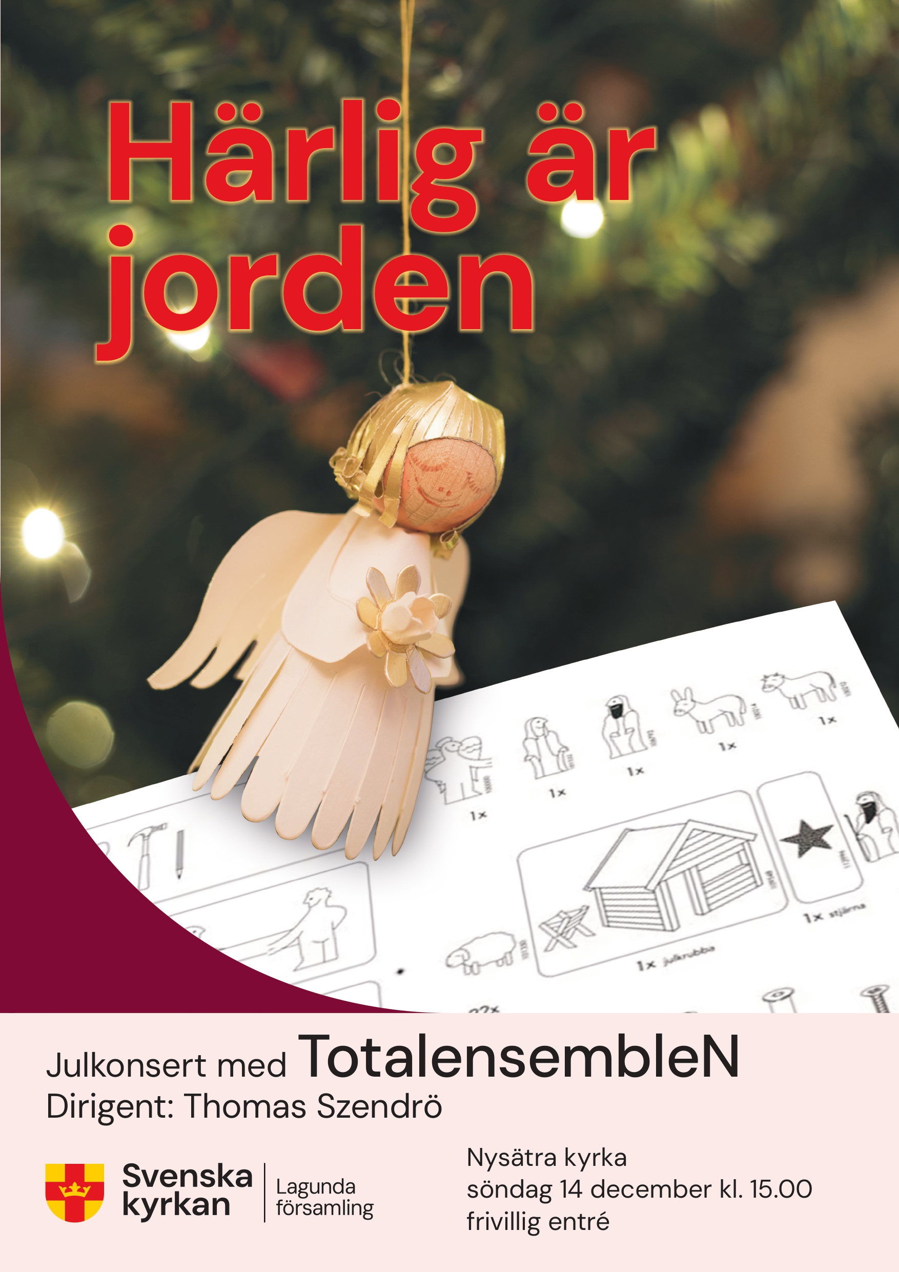 En ängel som knäpper sina händer hänger som julpynt i en julgran. Nedanför henne syns en monteringsanvisning från IKEA för något som verkar vara julspel.