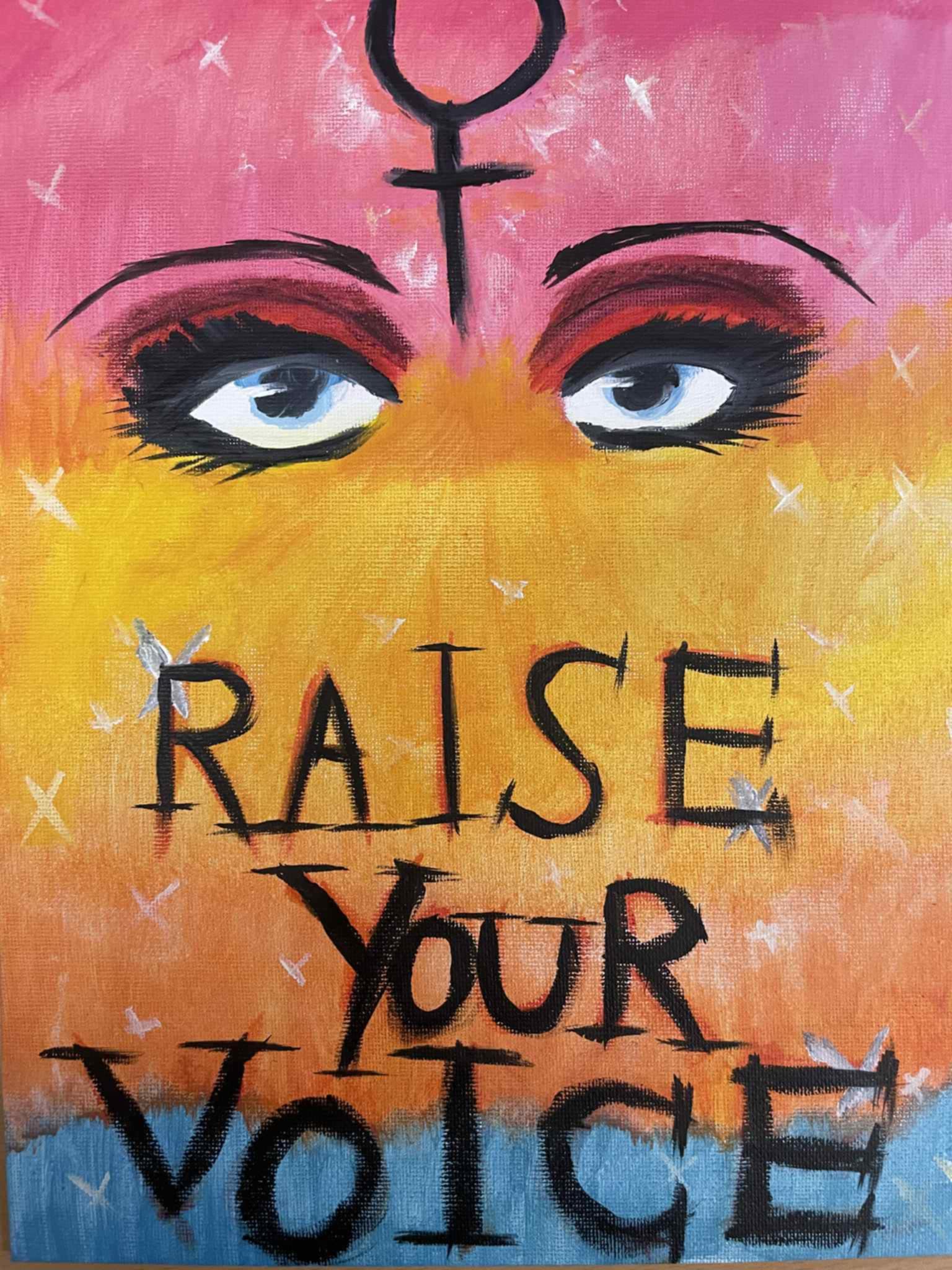 Alla Karlbergsgymnasiets estetelever jobbar i projektet inför utställningen och har som uppdrag att gestalta starka kvinnliga förebilder, som de själva har valt. Eleverna har fått välja om de vill jobba konkret eller abstrakt samt om de vill jobba med personens porträtt eller personens gärning.   Detta konstverk är gjort av India Callh, årskurs 3 och hon har jobbat med Linnea Claesson, som titulerar sig jurist och människorättsförsvarare. Detta, tillsammans med alla elevers alster finns med i utställningen vid konserten. 