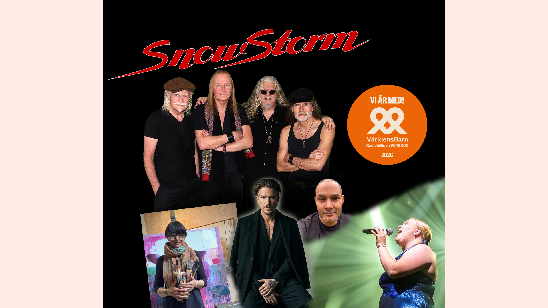 Bandet Snowstorm, Alexander Strandell, Vilje Sandung, Ninni Hammar och Eva Olofsson framför en tavla