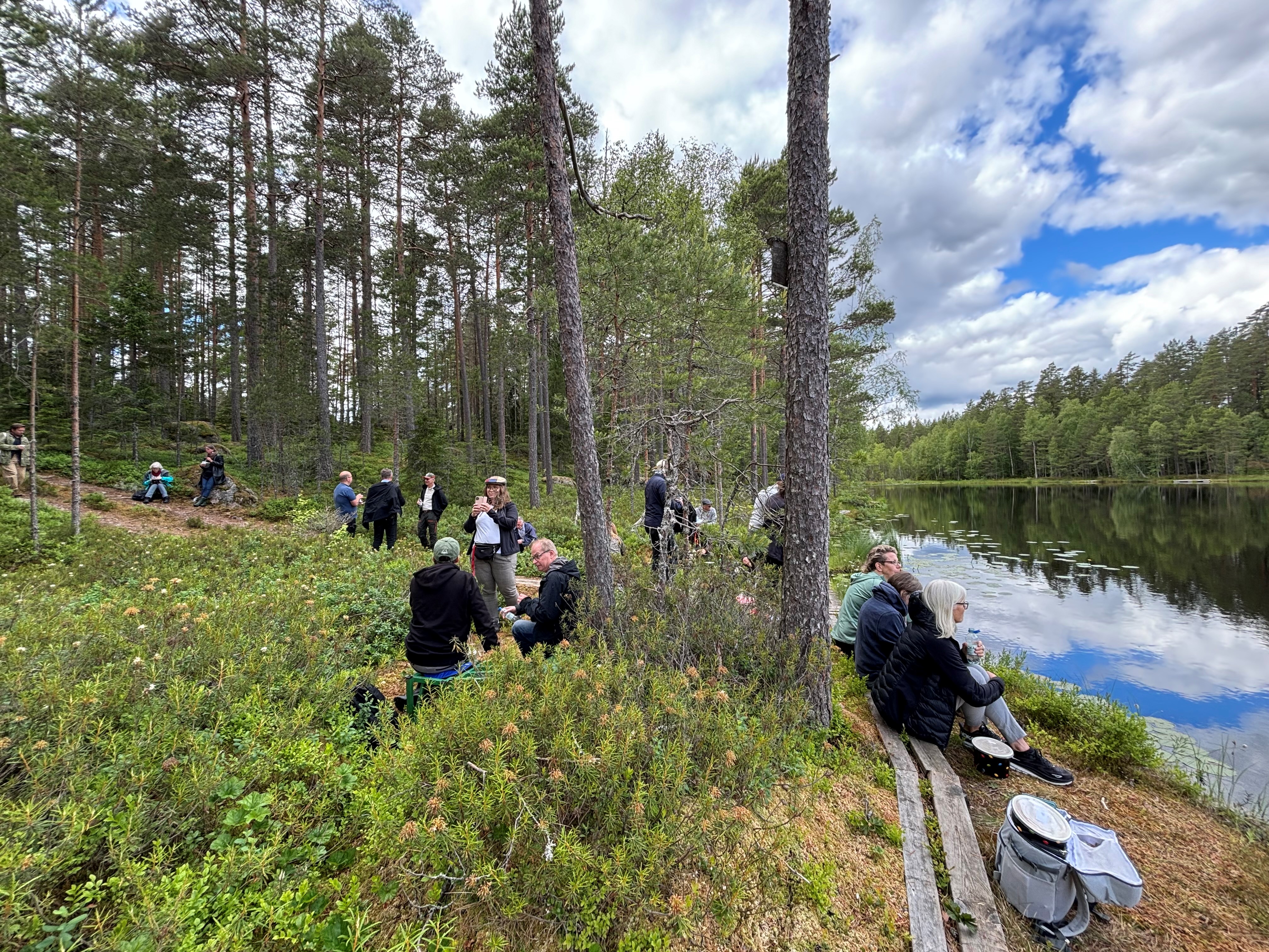 En grupp människor som sitter i skogen bredvid en sjö