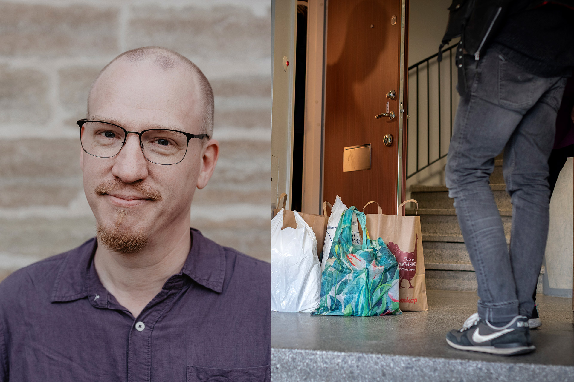 Montage av bild på man med rakat huvud och glasögon och matkassar utanför en öppen dörr.