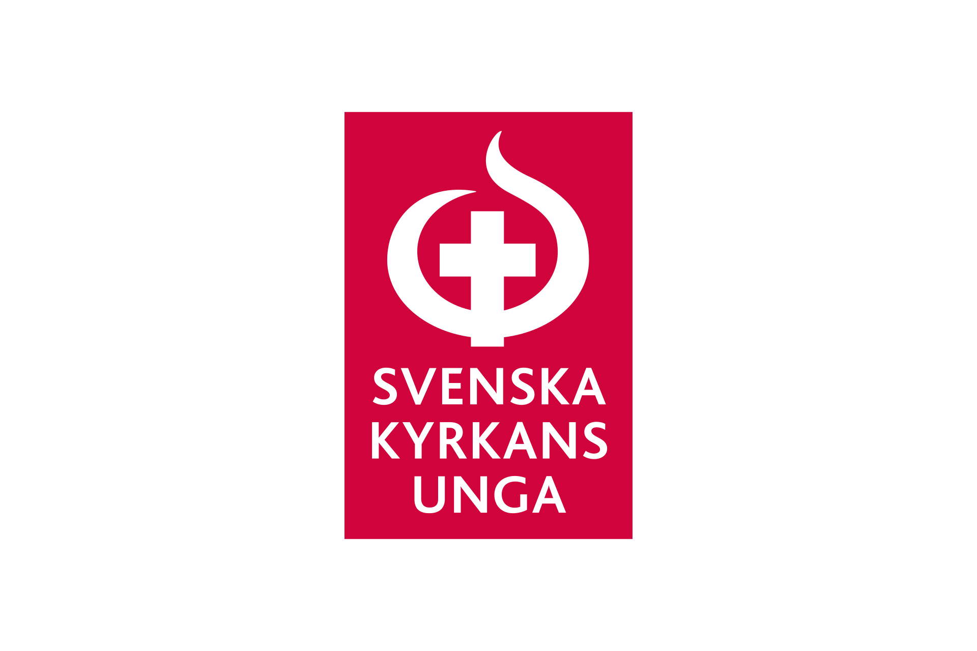 Vitt kors med vit flamma mot röd bakgrund och texten Svenska kyrkans unga.