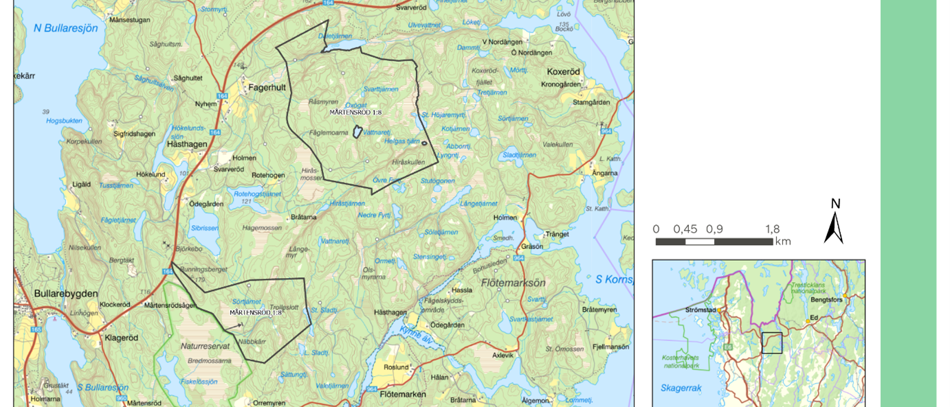 Bild på området Bullaren, Tanums kommun och bland annat fastigheten Mårtensröd 1:8.