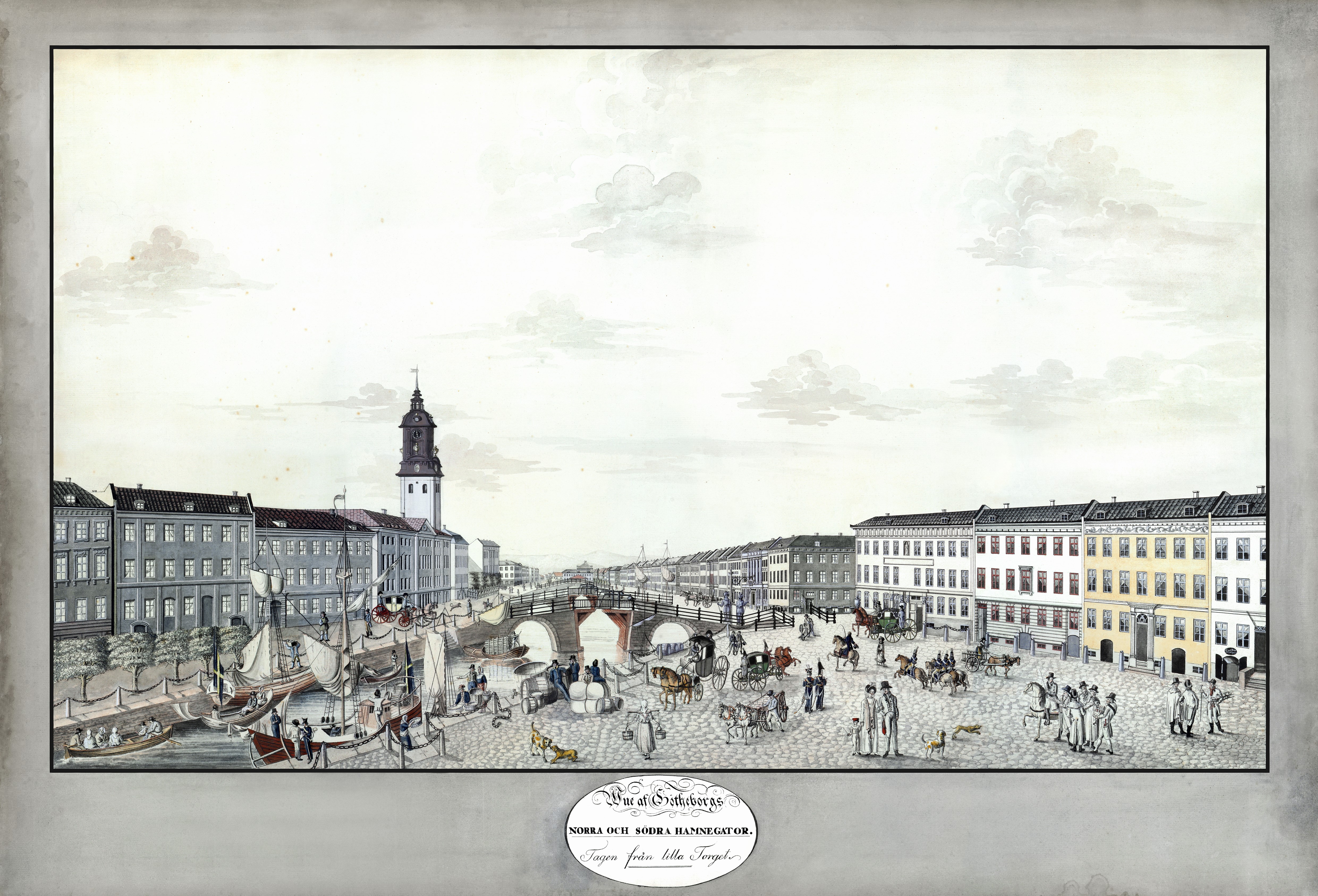 Stadsbild i svartvit akvarell, med en kyrka som ligger till vänster i bilden.