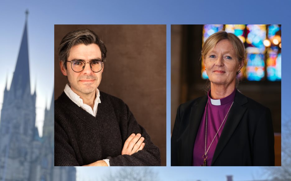 Collage med skara domkyrka i bakgrunden, Joel Haldorf och biskop Ulrica Fritzson.