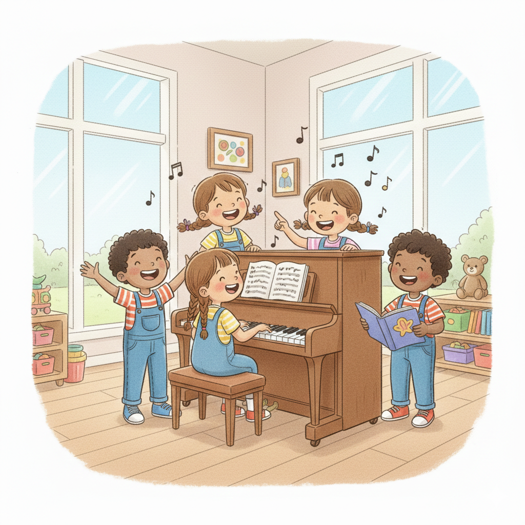 AI-gen bild på barn runt ett piano