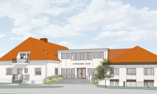 3D-skiss på framsidan av nya Kyrkans hus.