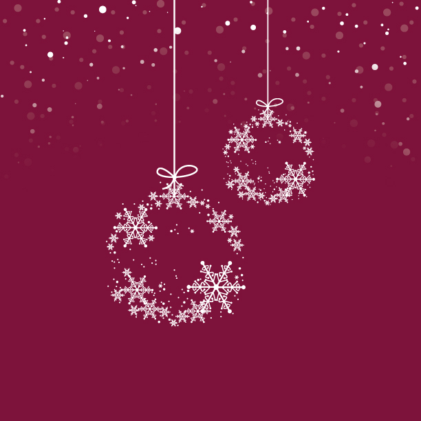 Illustration av julgranskulor i rimfrost mot röd bakgrund.