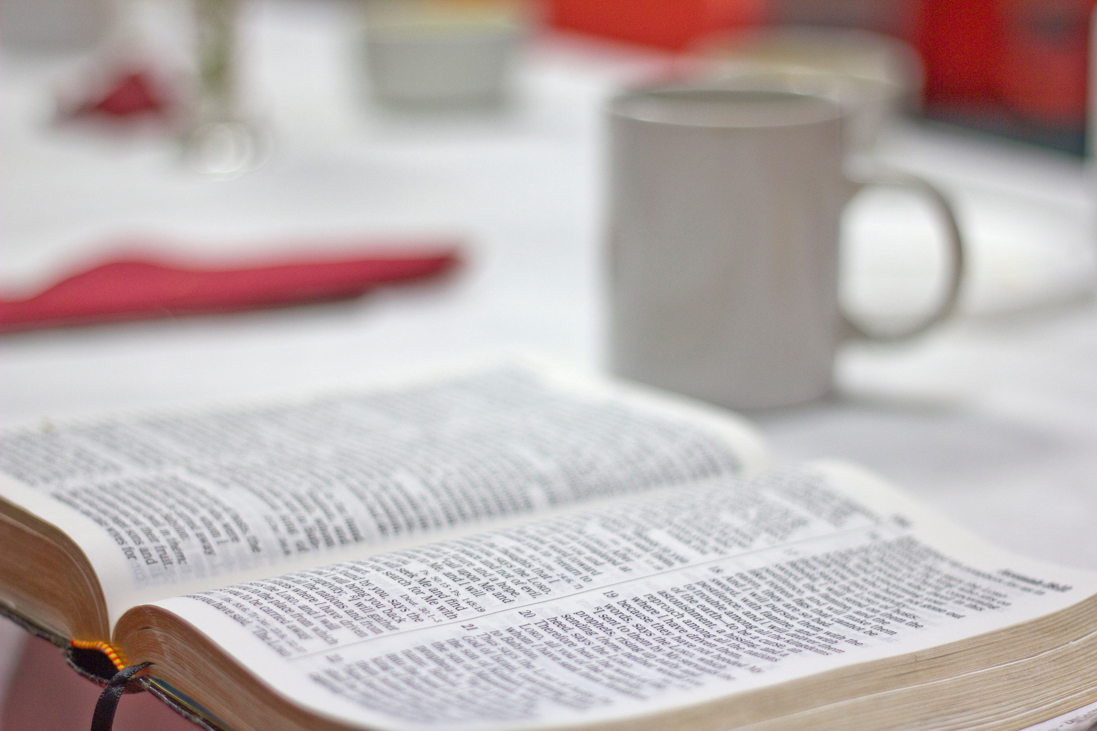 En närbild på uppslagen Bibel