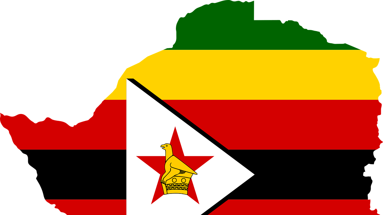 Zimbabwes flagga inlagd i en karta över landet.