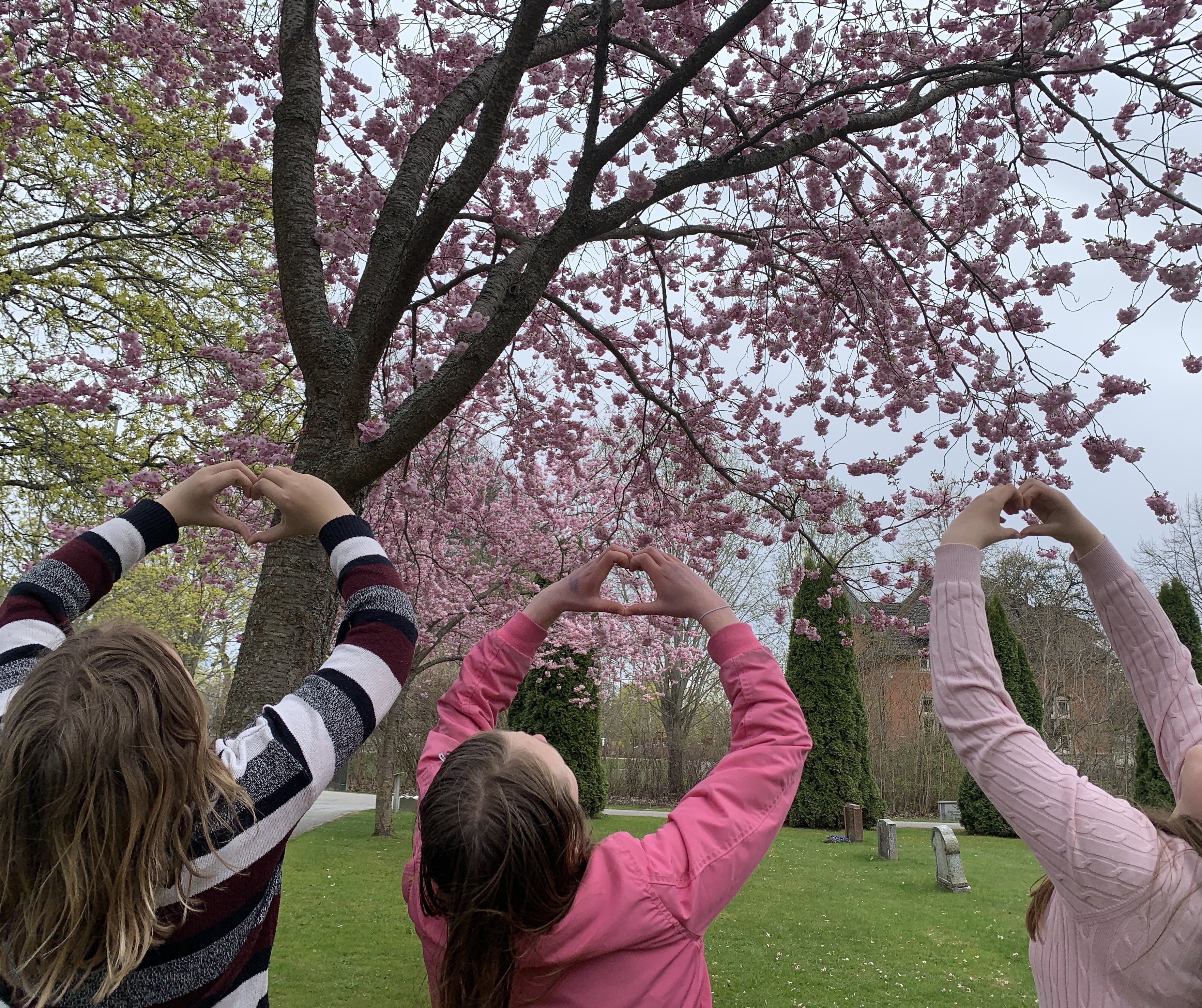 Tre tjejer sträcker händer mot skyn och formar hjärtan med händerna.