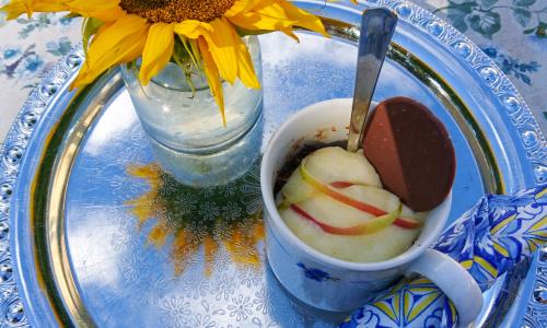 En solros i en vas och en skål med dessert, på en silverbricka på ett bord utomhus.