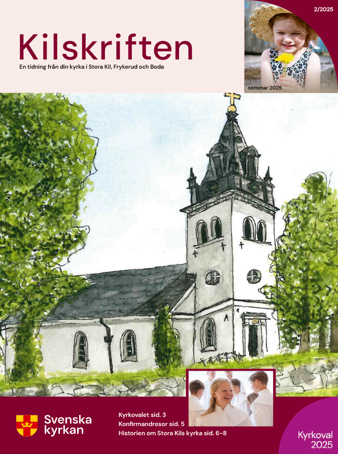 Famsidan av tidningen Kilskriften nr 2/2025, visar illustration av Stora Kils kyrka.