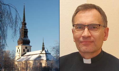 Collage på ett vintrigt Stora Tuna kyrka bakifrån och närbild på kyrkoherde per Henriksson Lerström