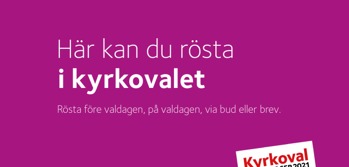 Lila bakgrund med vid text "Här kan du rösta i kyrkovalet" och logotypen för kyrkovalet 2021.
