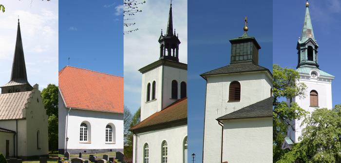 Collage av fem av sjutton kyrkor i pastoratet.
