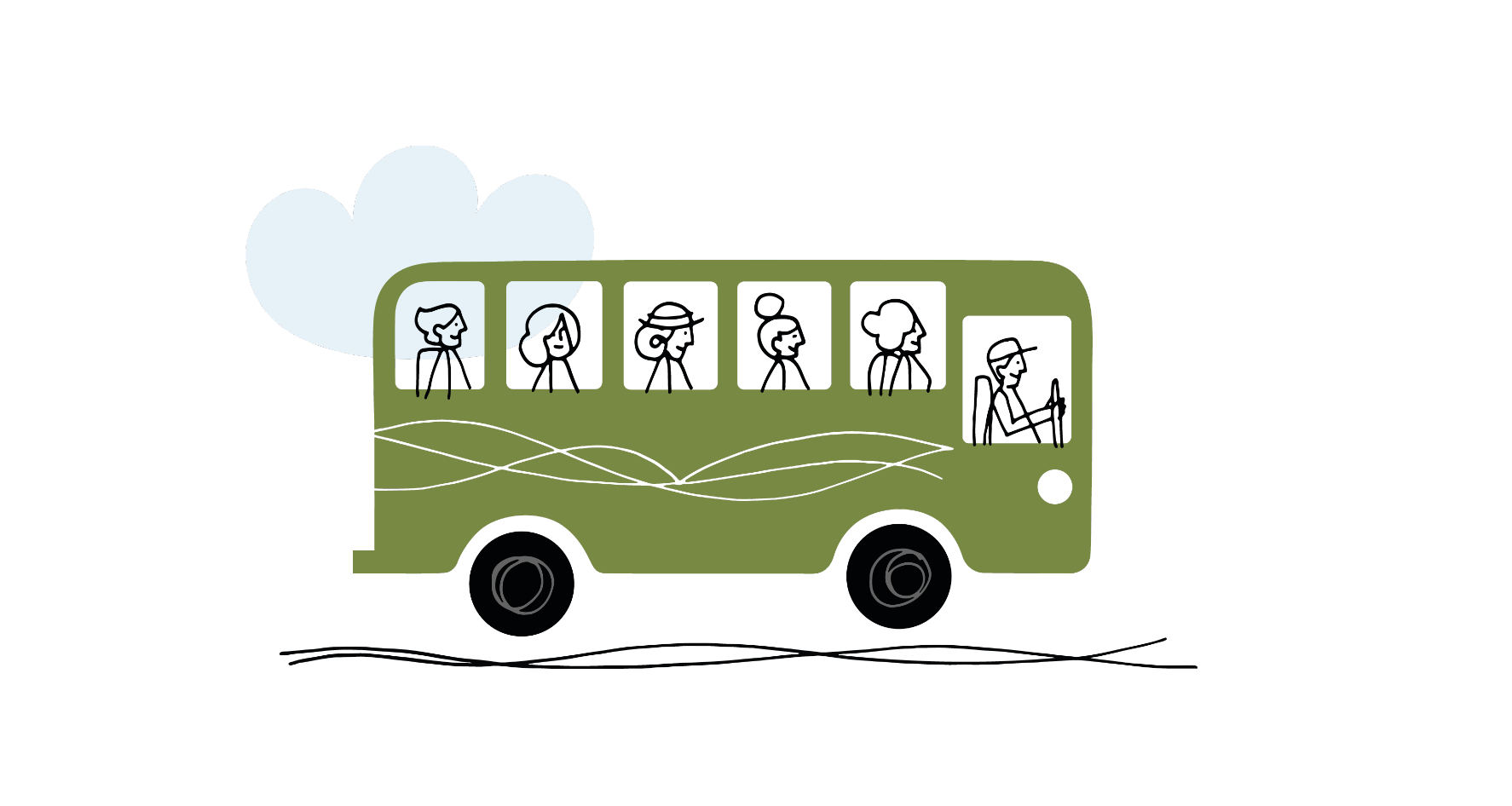 Illustrerad grön buss med människor i.
