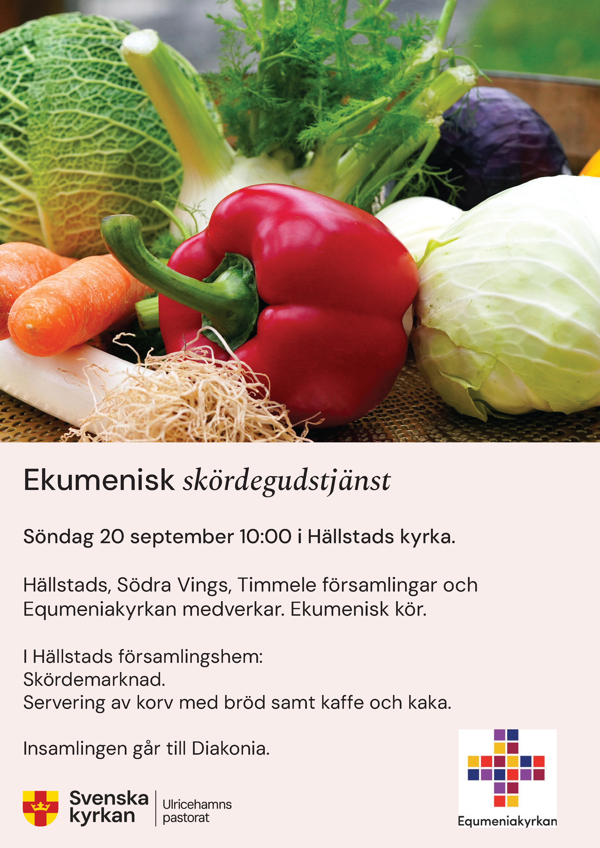 En bild med olika grönsaker samt en text om skördegudstjänst.
