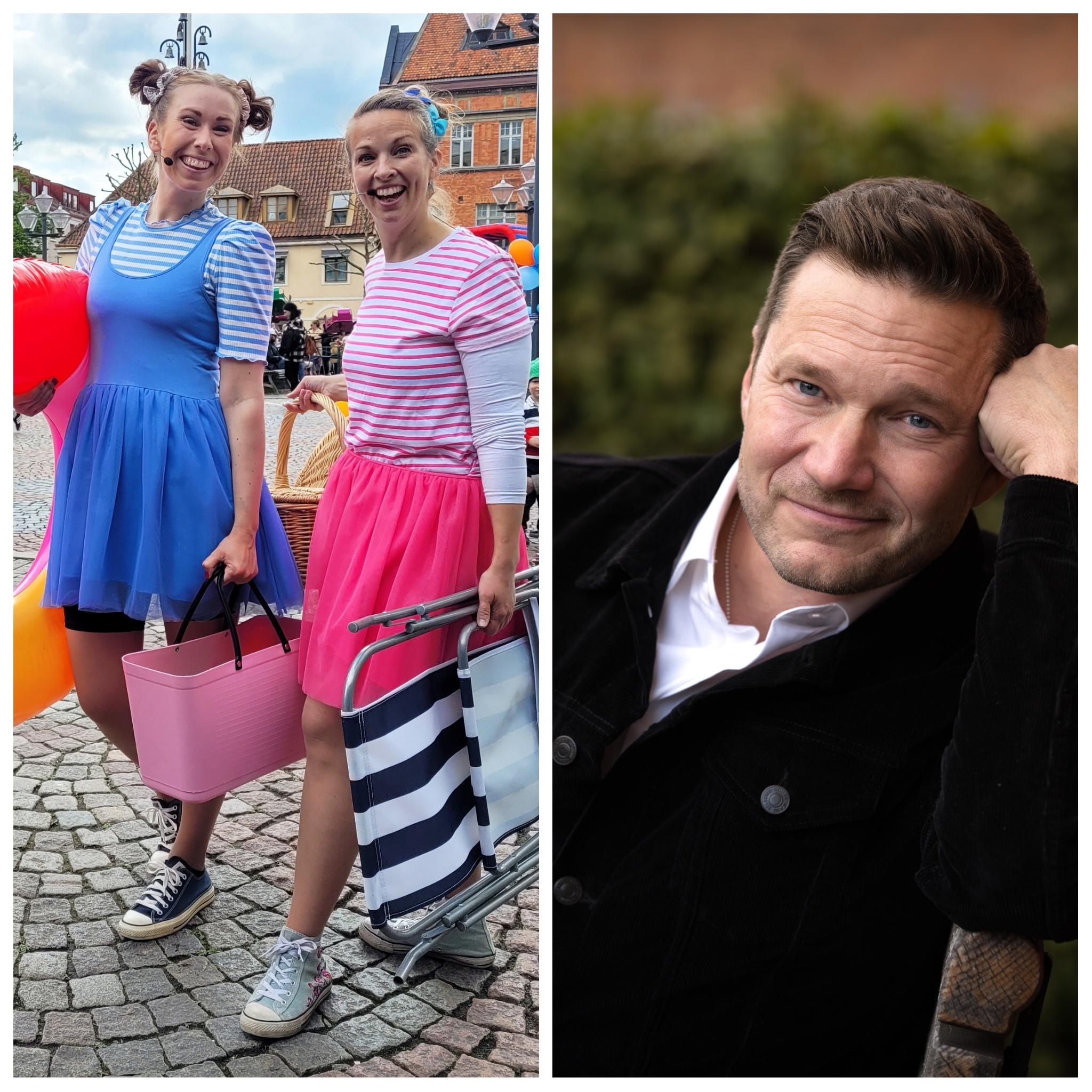 Sommarklädda tjejer och en man vid mur.