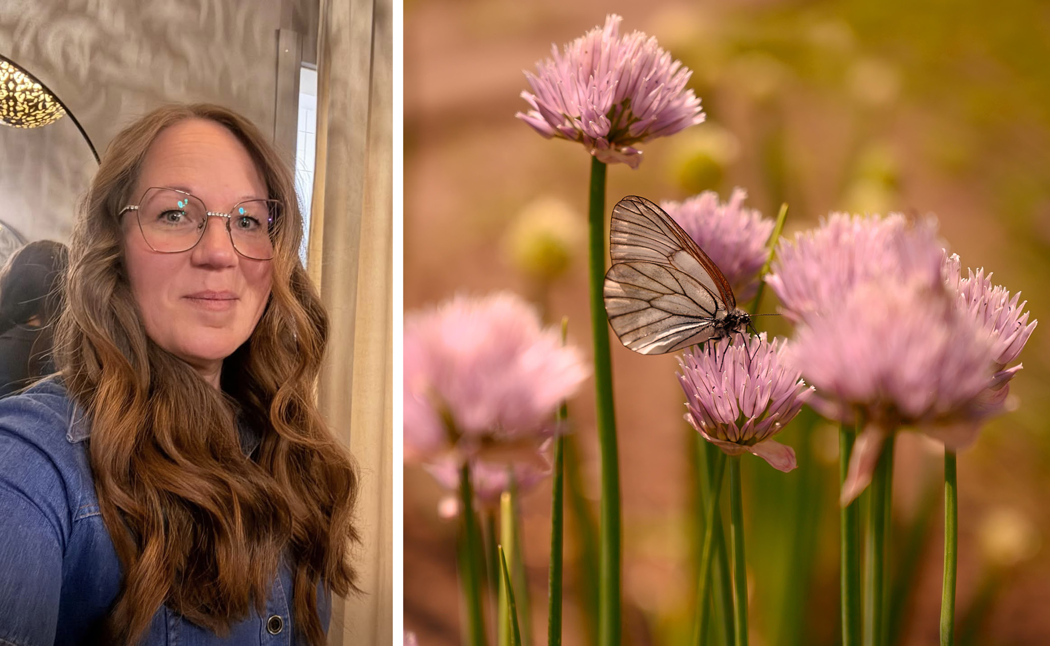 Yngre kvinna med långt hår och glasögon samt gräslöksblommor med besök av fjäril.