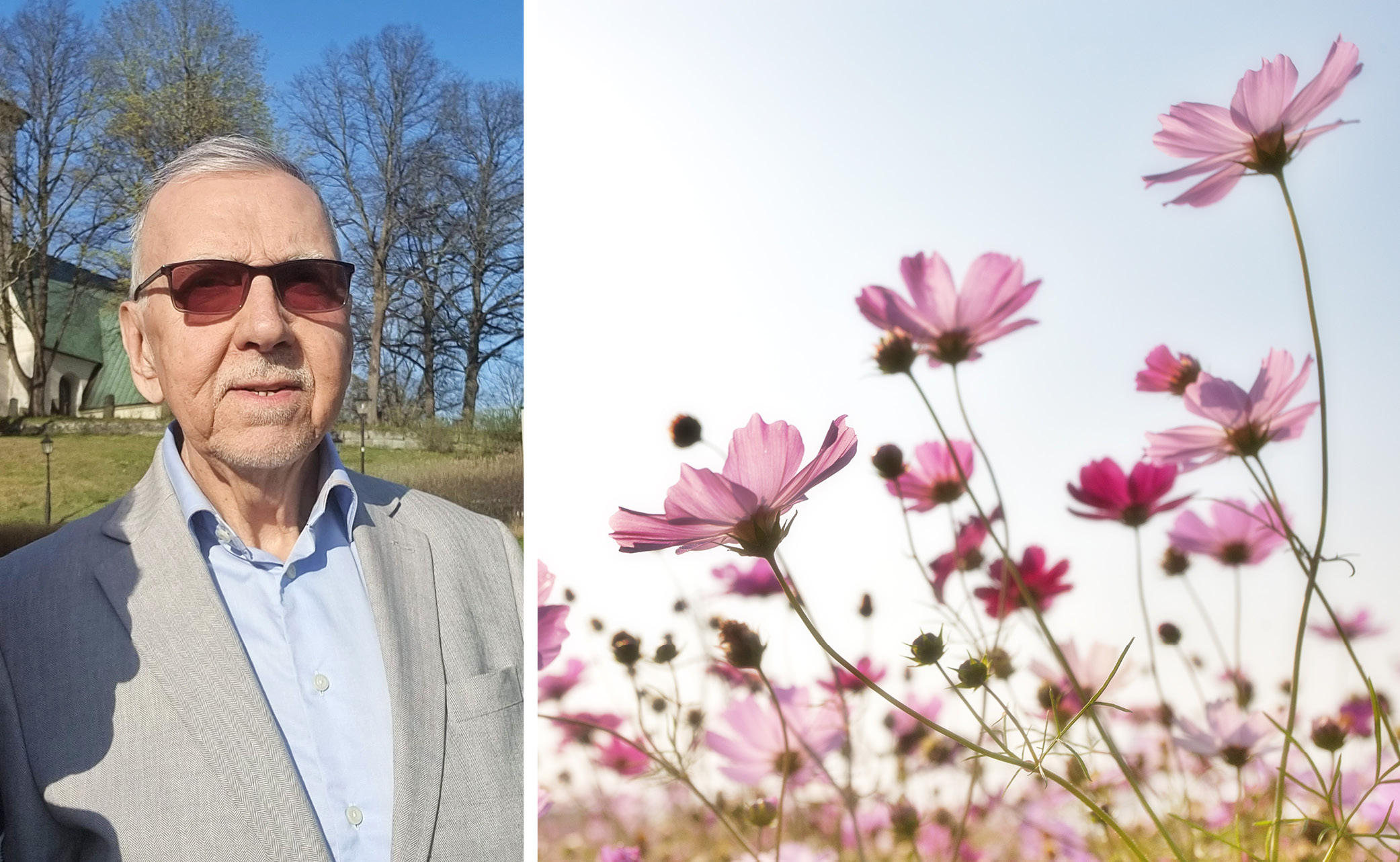 Gråhårig man i solglasögon och kavaj.