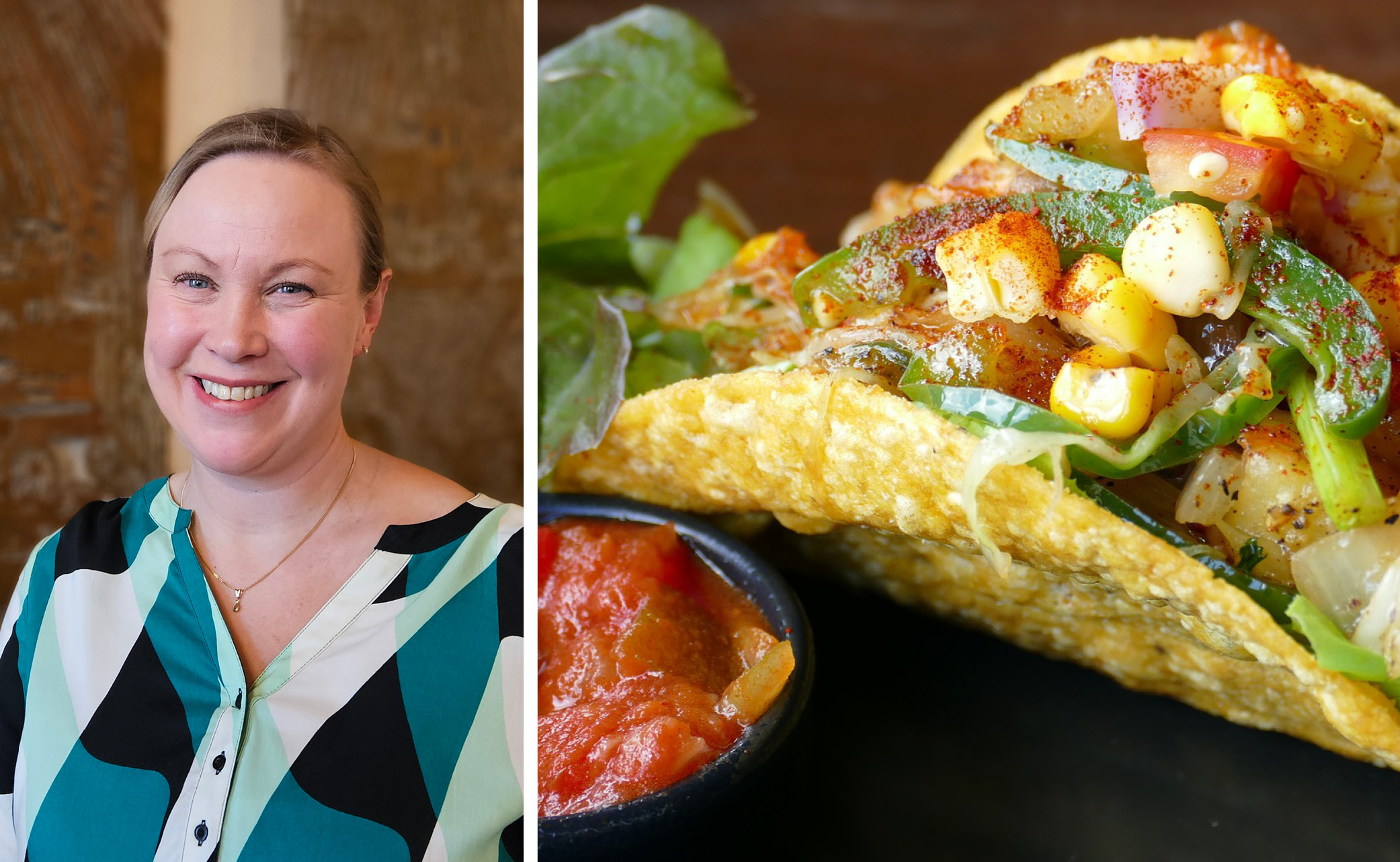 Porträtt av glad kvinna i stormönstrad blus, samt ett fyllt tacoskal.