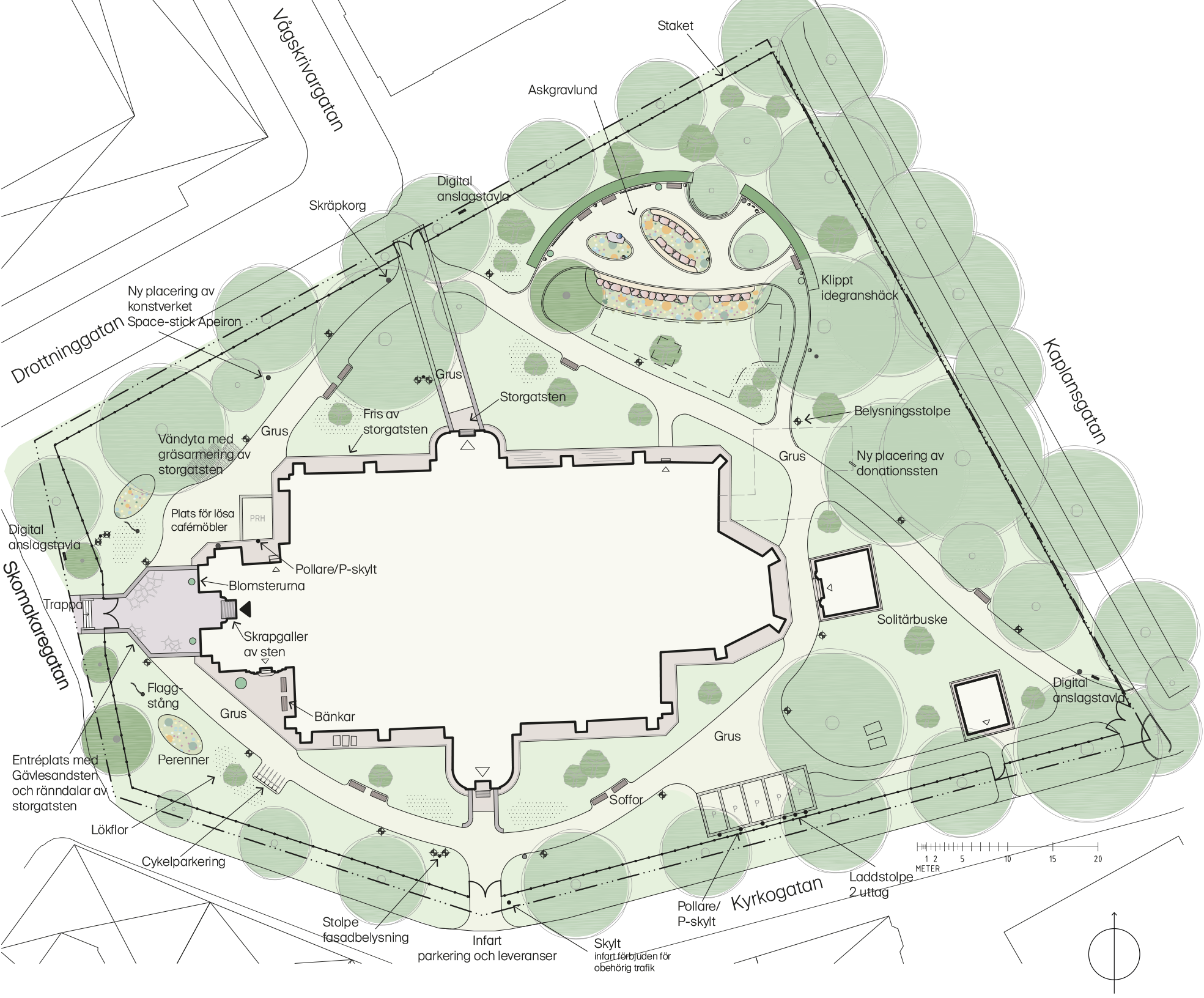 Skiss av kyrkogården sedd ovanifrån