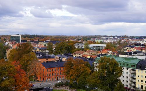 På bilden syns en färgrik höstvy över centrala Uppsala med utsikt från domkyrkans tak.