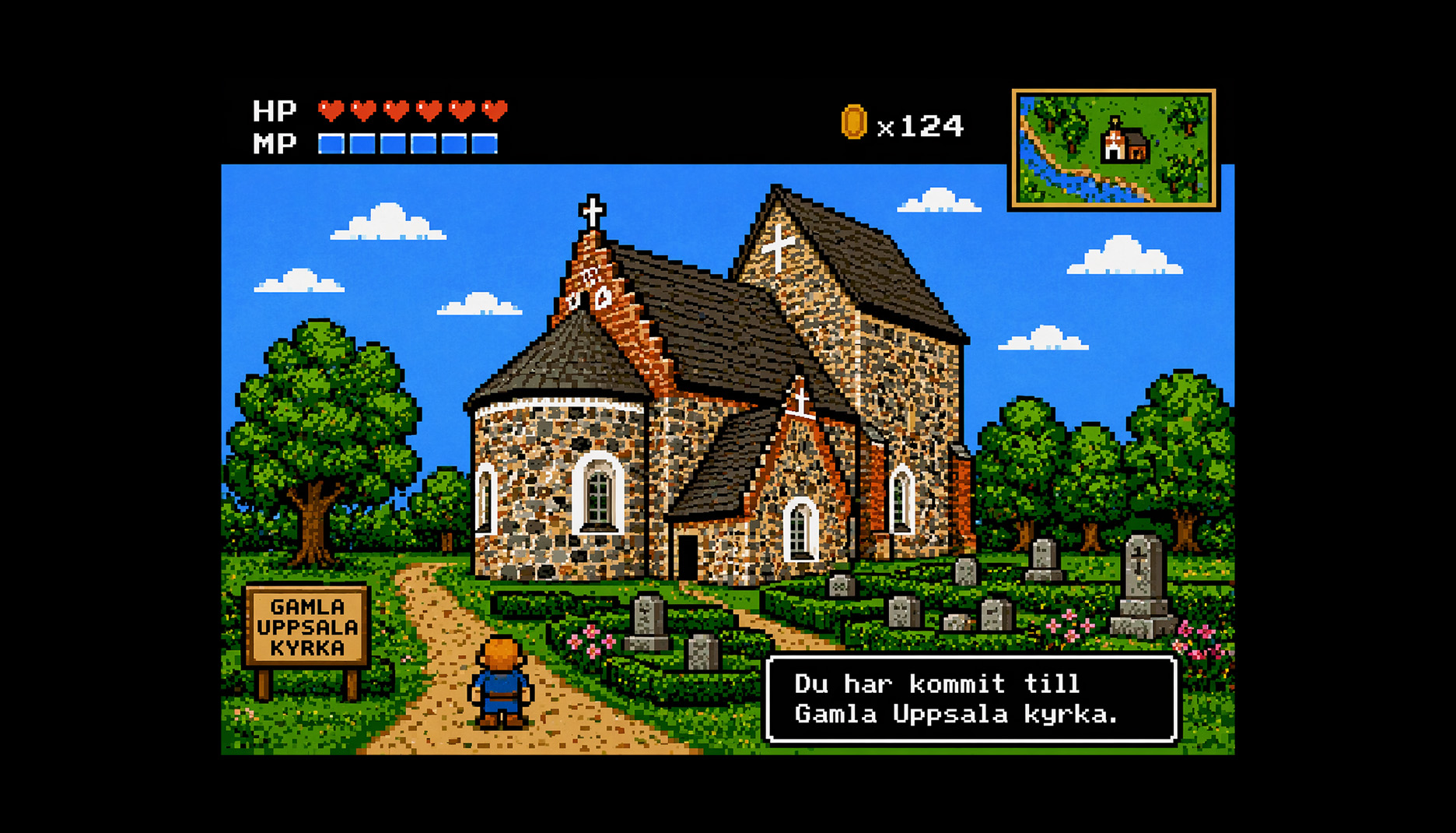 Gamla Uppsala kyrka stiliserad som 8 bitars tv-spel