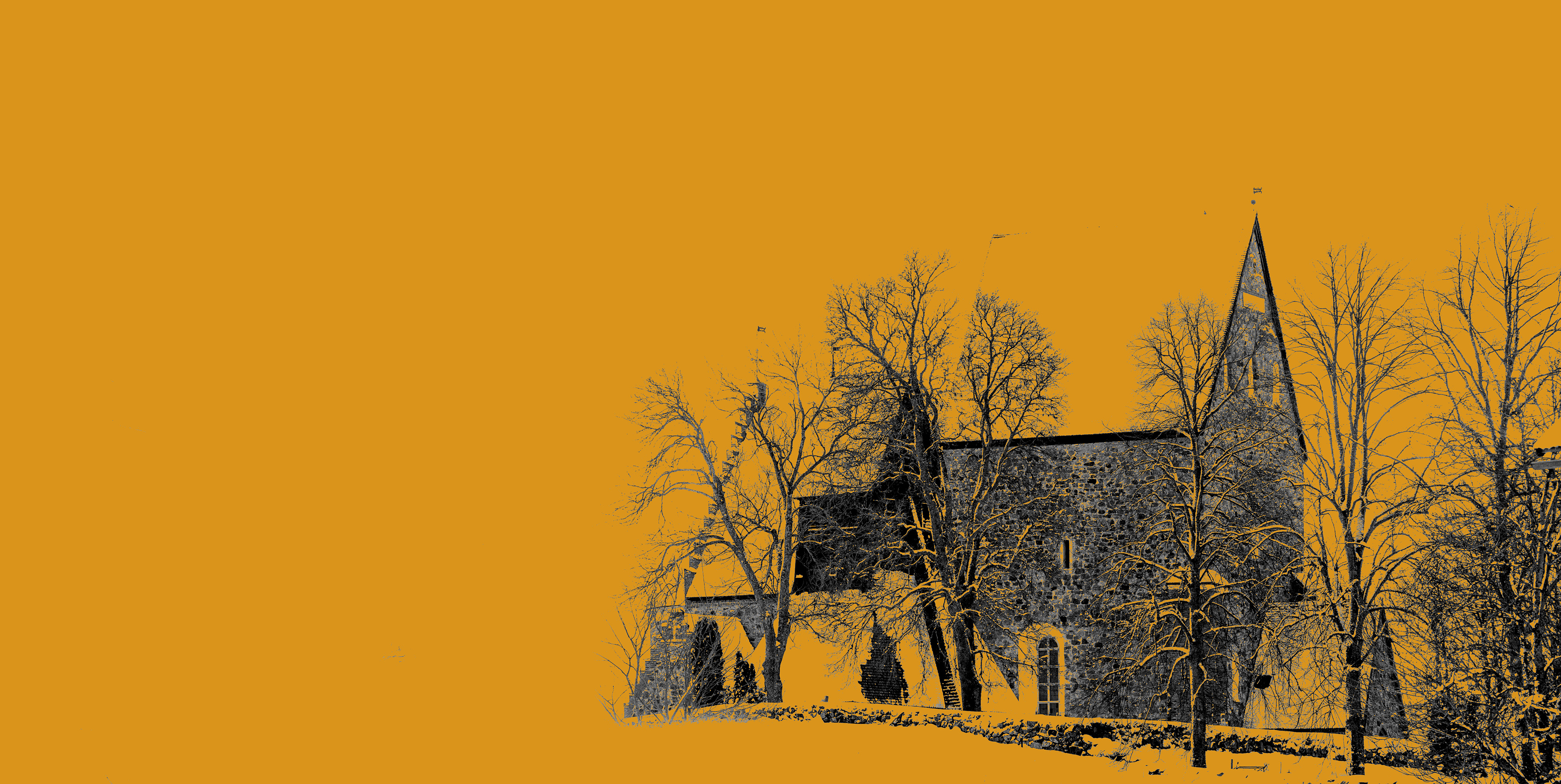 Gamla Uppsala kyrka med gul bakgrund