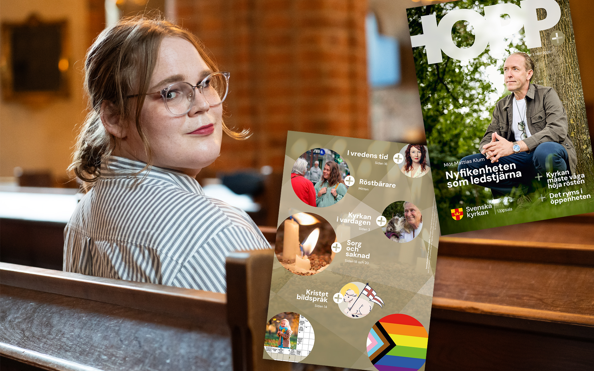 En bild från ett kyrkorum där en person sitter i kyrkbänken och tittar in i kameran. Som ett montage finns även fram- och baksidan på en tidning.
