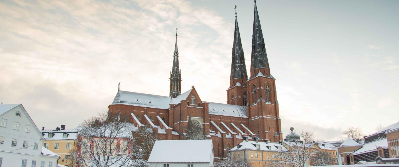 Uppsala domkyrka i vinterskrud, sedd från Gamla torget i Uppsala.