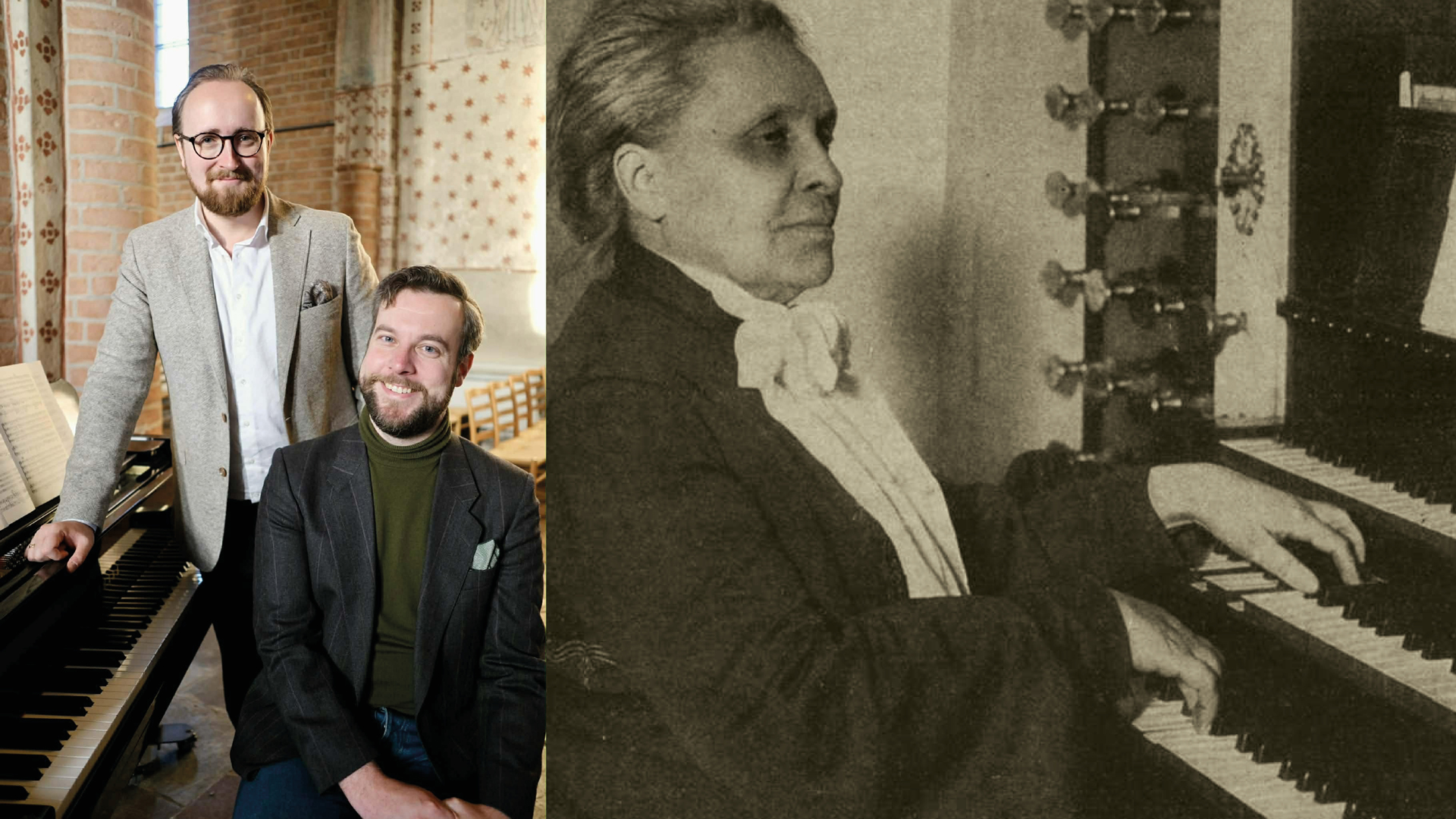 En nytagen bild och en äldre. Till vänster två män vid ett piano. På bild till höger en kvinna som spelar orgel.