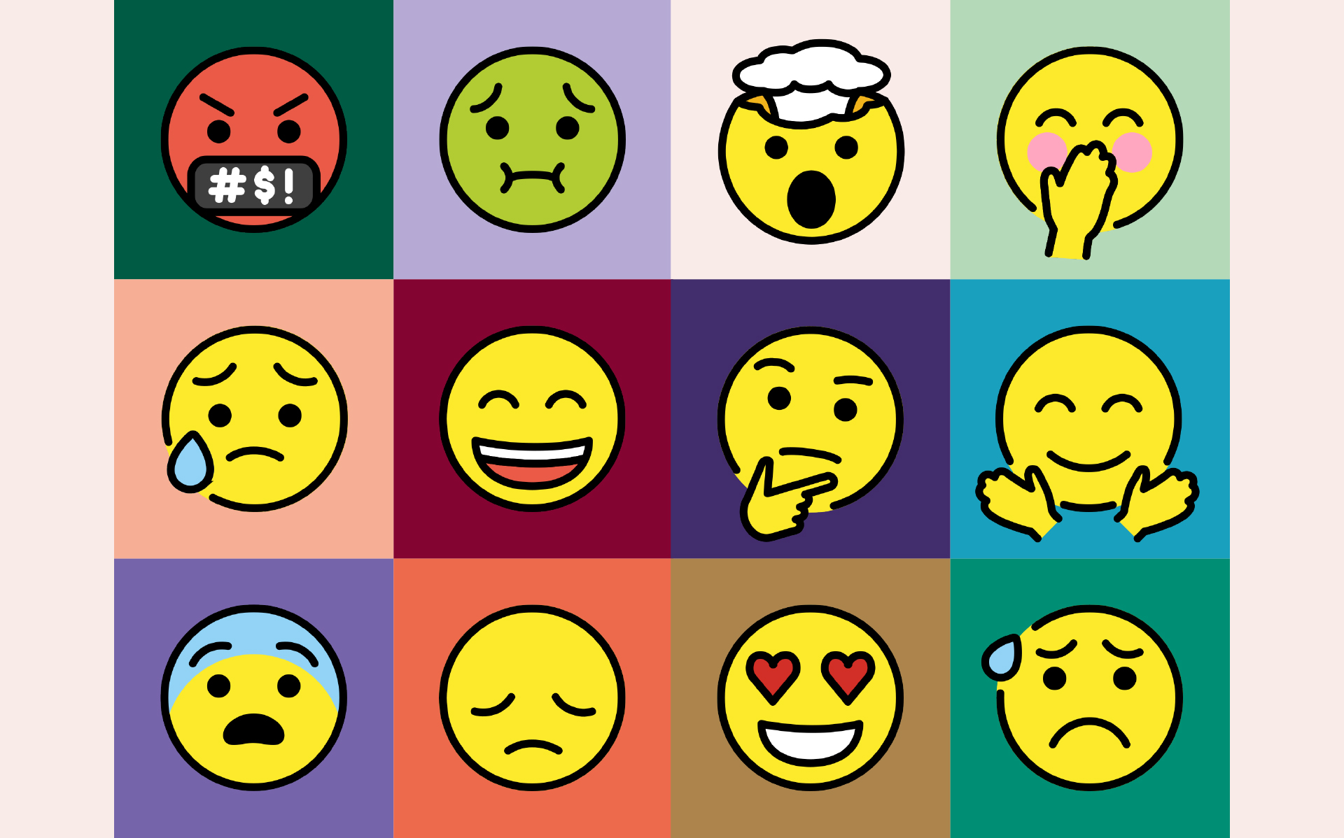Ett färgglatt kollage med 12 smileys som uttrycker olika känslor.