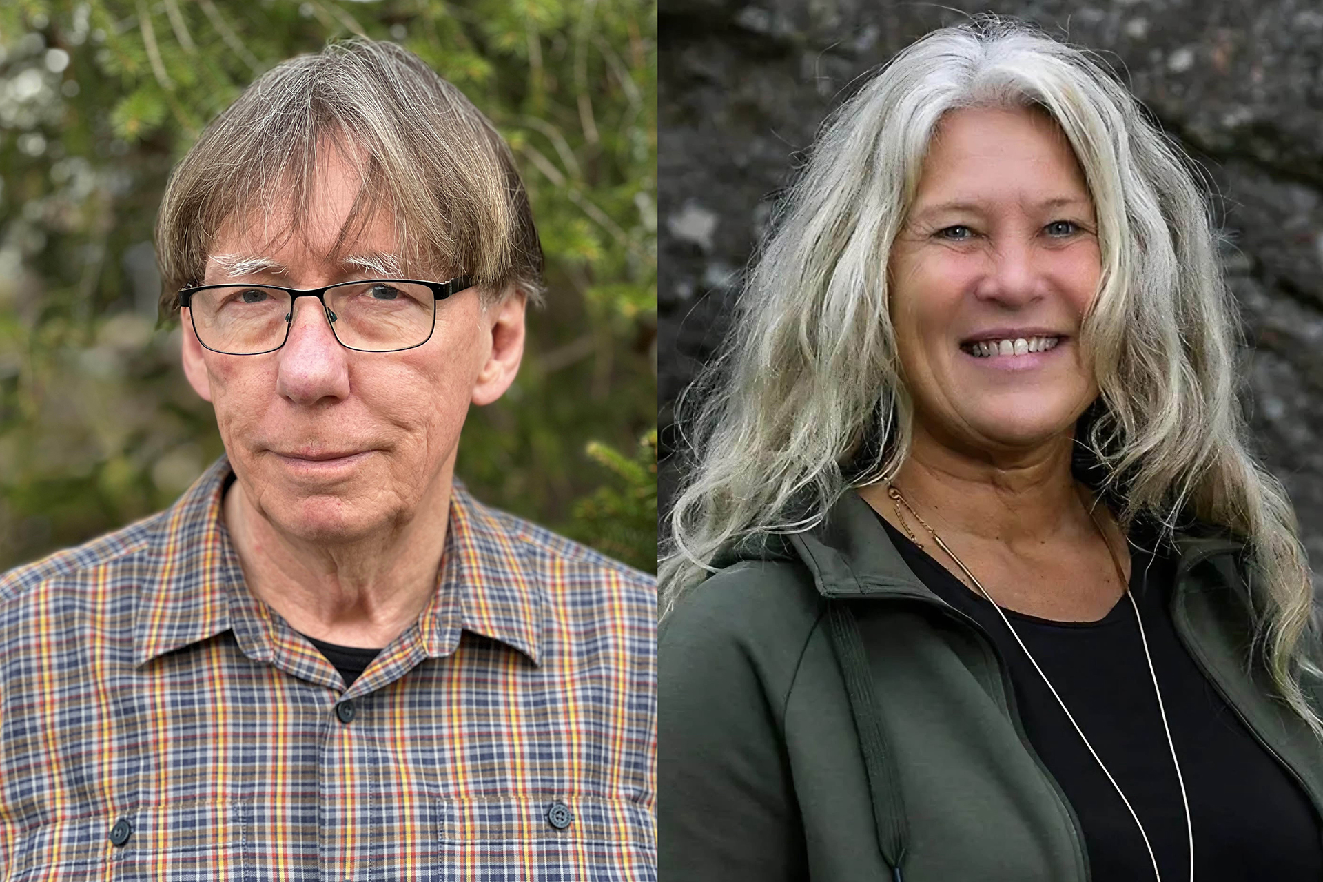 Dag Tuvelius i rutig skjorta och glasögon samt Ann-Helen Persson i långt ljust hår och halsband på varsin porträttbild.