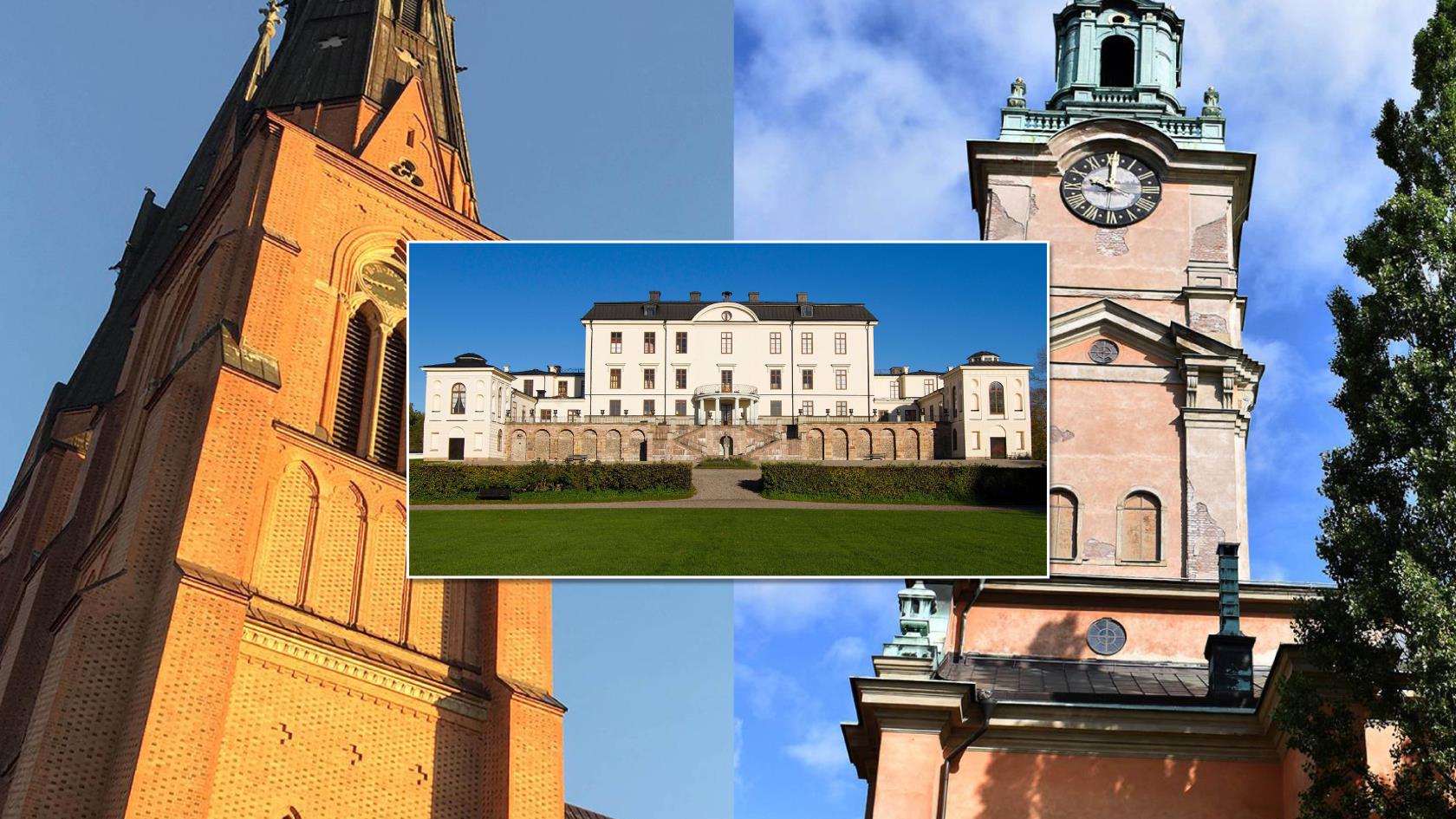 Bildcollage med Uppsala domkyrka, Rosersbergs slott och Storkyrkan i Stockholm