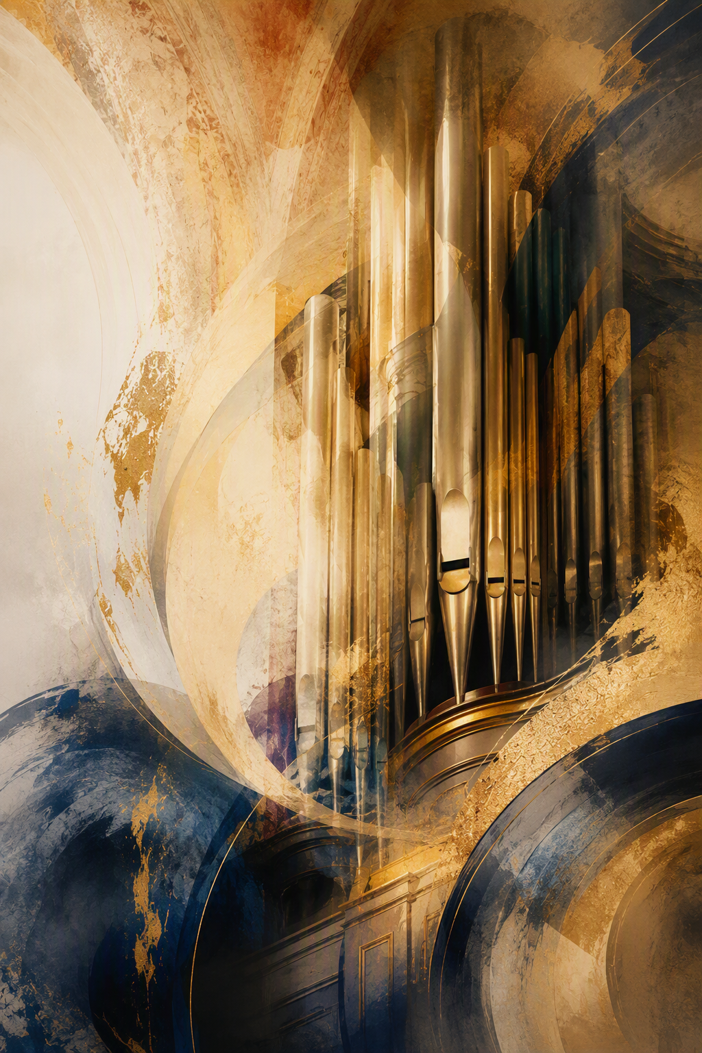 En abstrakt illustrerad bild där man i gyllene toner skymtar detaljer från en orgel som träder fram.
