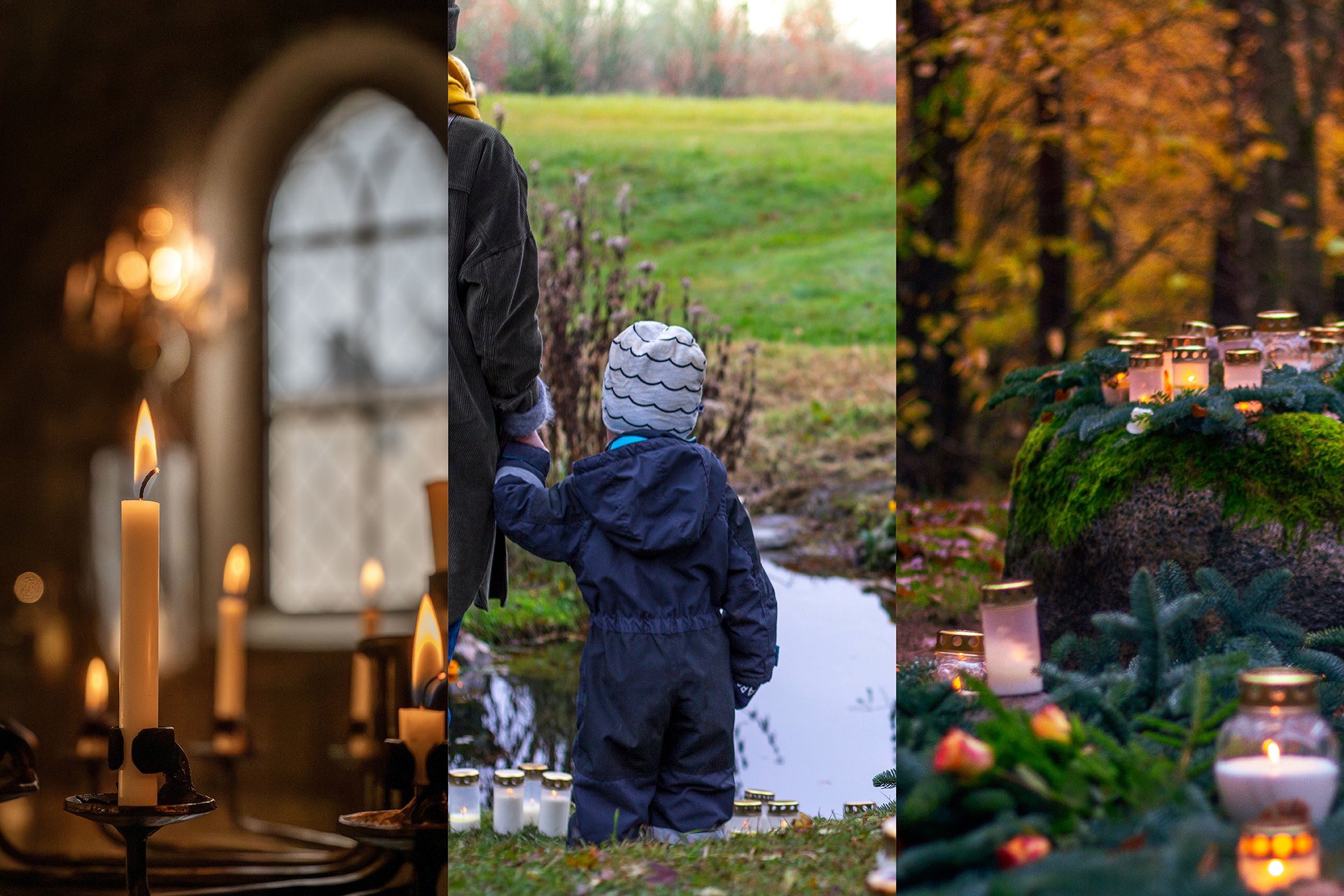 Ett bildcollage som visar tre bilder bredvid varandra. Den första är glimmande ljus som tänts i en ljusbärare, den andra är mor och son som håller hand och blickar ut över dammen i Berthåga kyrkogårds minneslund, den tredje bilden är tända gravljus som placerats i den allhelgonasmyckade minneslunden på Hammarby kyrkogård.