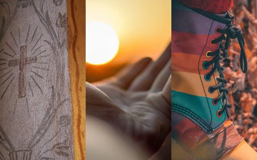 Ett bildcollage med tre bilder bredvid varandra. Första bilden är en väggmålning av ett kors på en stenvägg i en kyrka, den andra bilden är en utsträckt hand i riktning mot solen som skiner ovanför, den tredje är en regnbågsfärgad höstkänga bland höstlöv.