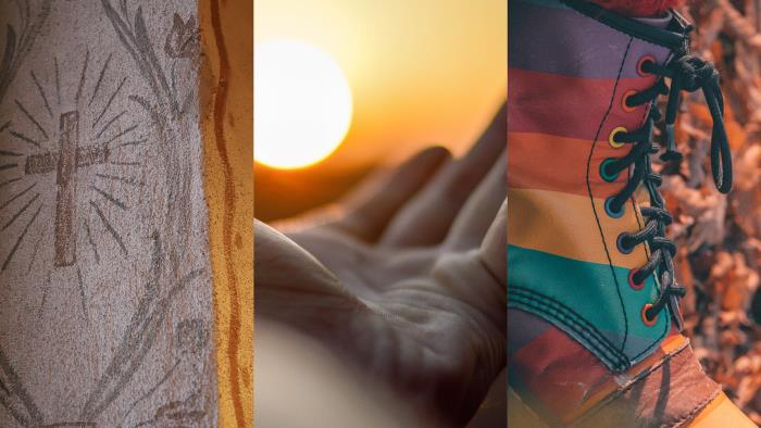 Ett bildcollage med tre bilder bredvid varandra. Första bilden är en väggmålning av ett kors på en stenvägg i en kyrka, den andra bilden är en utsträckt hand i riktning mot solen som skiner ovanför, den tredje är en regnbågsfärgad höstkänga bland höstlöv.