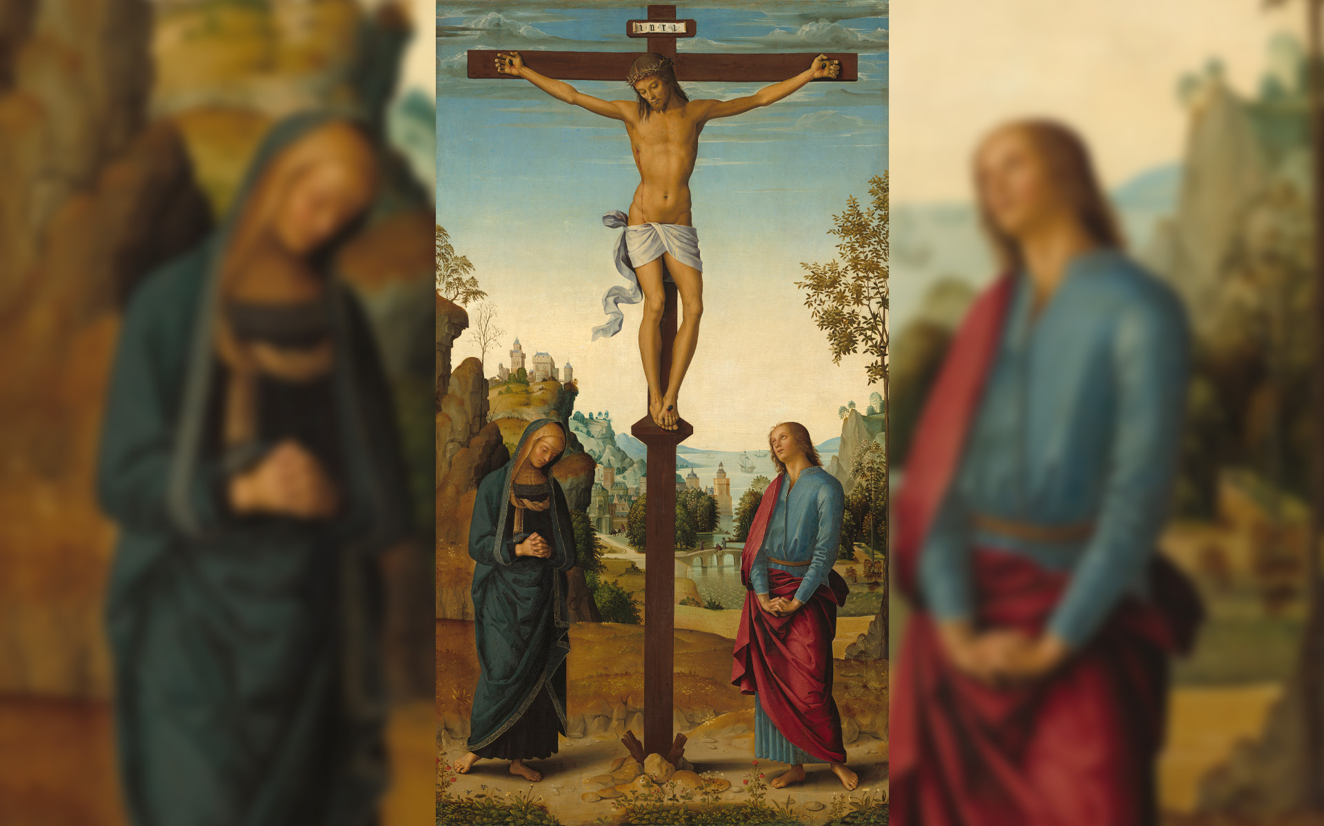 En måling föreställande Jesus på korset och Maria sörjande vid korset.