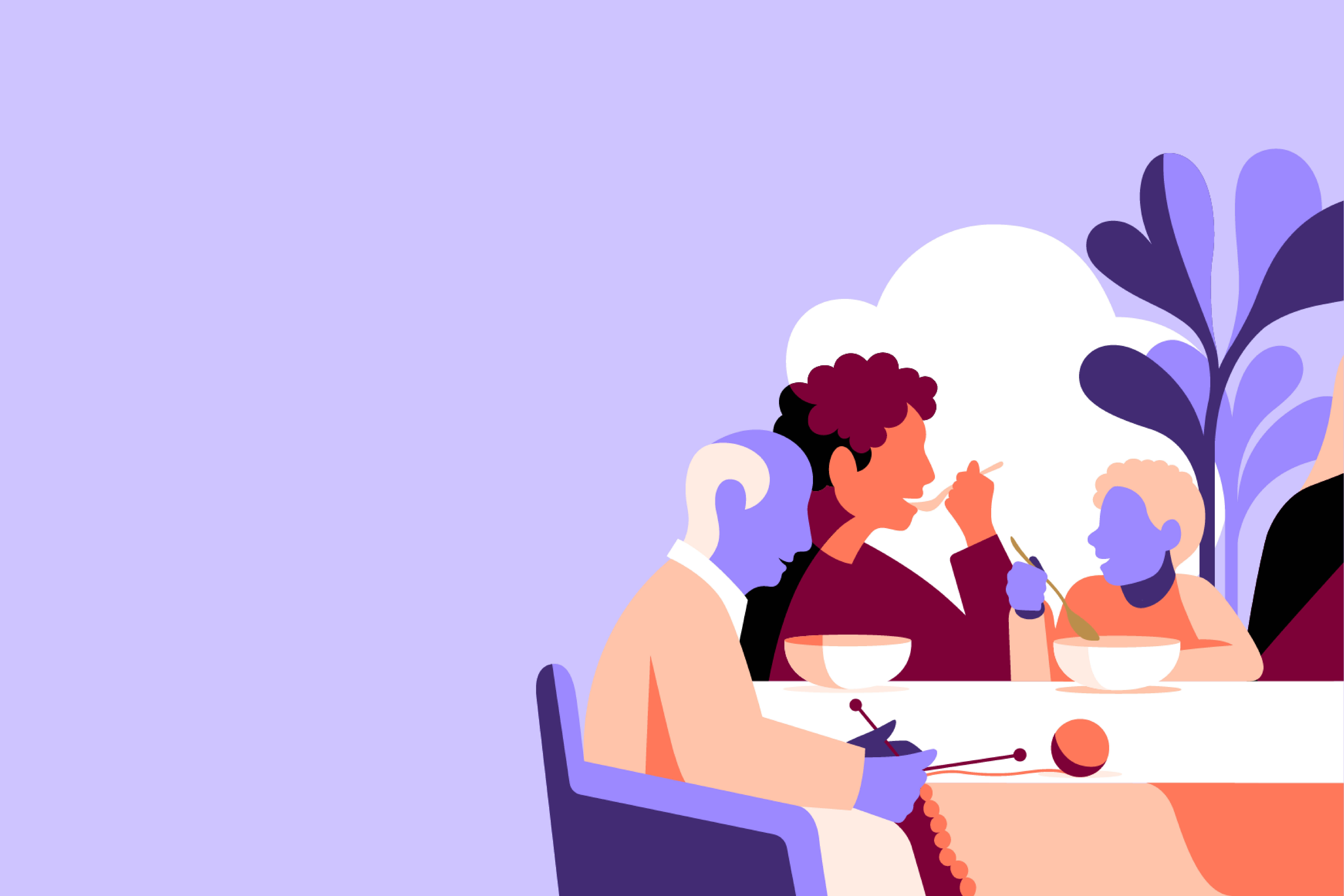 Illustration föreställande personer som fikar vid ett bord.