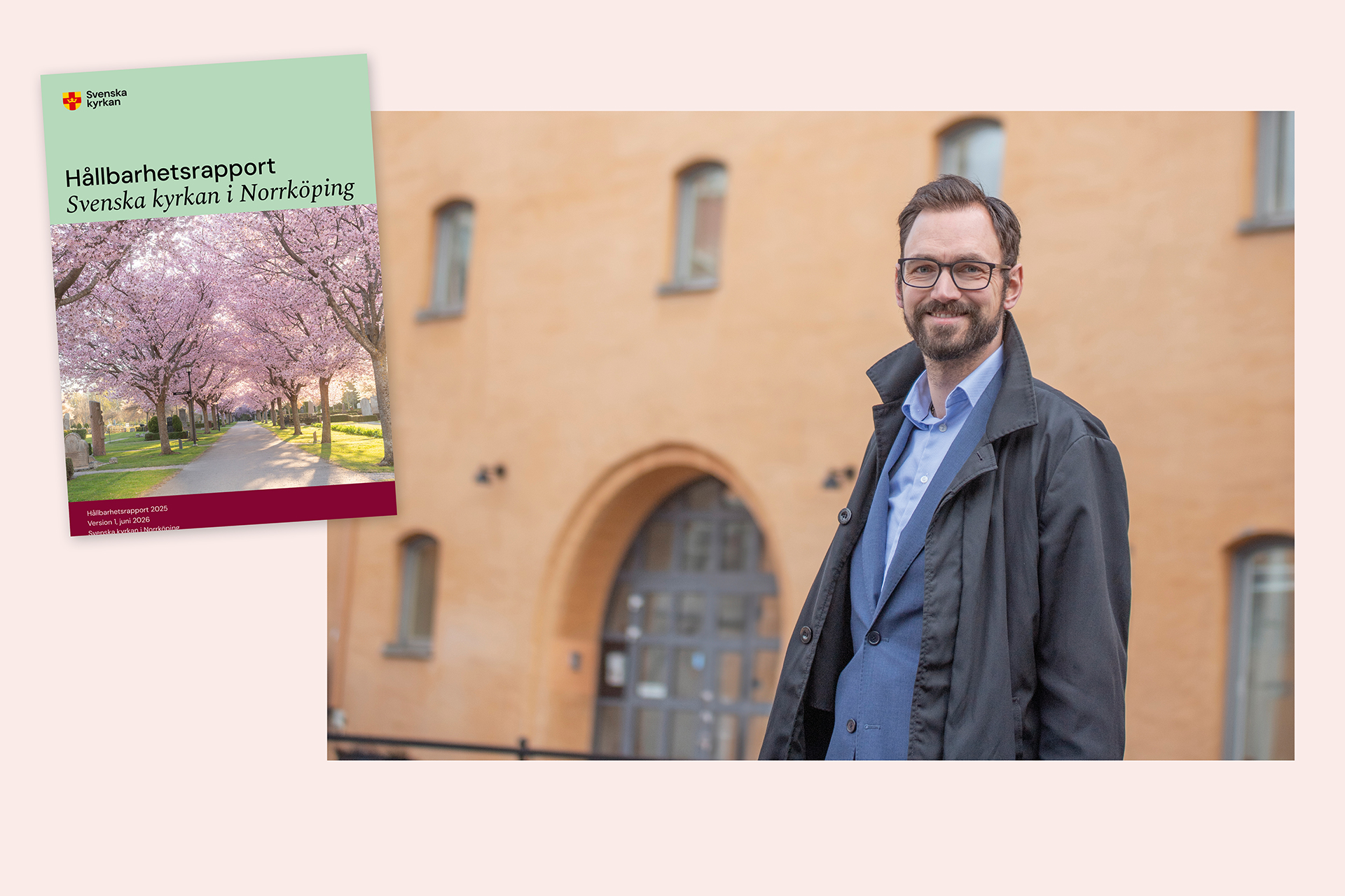 En porträttbild på Oscar Ek. I hörnet fogas omslaget på hållbarhetsrapporten in.