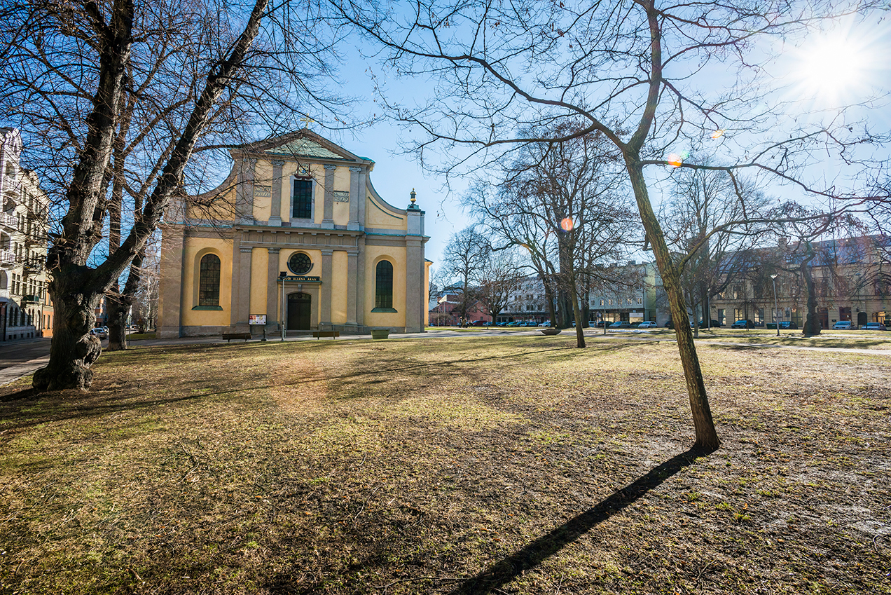 En bild över en solig park i vintertid och S:t Olai kyrka i bakgrunden.